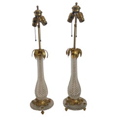 Wonderful Pair Baccarat French Cut Crystal Bronze Ormolu Mounted Palm Tree Lamps