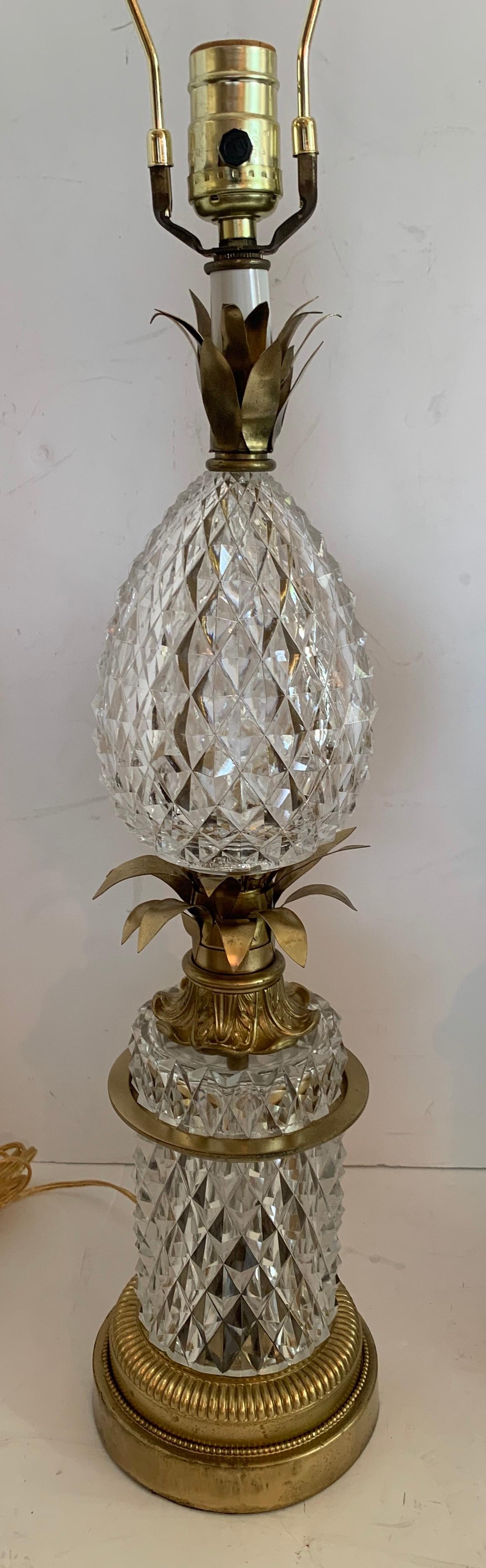 Wonderful pair of Baccarat style French cut crystal & bronze ormolu-mounted 'Pineapple' table lamps.
  