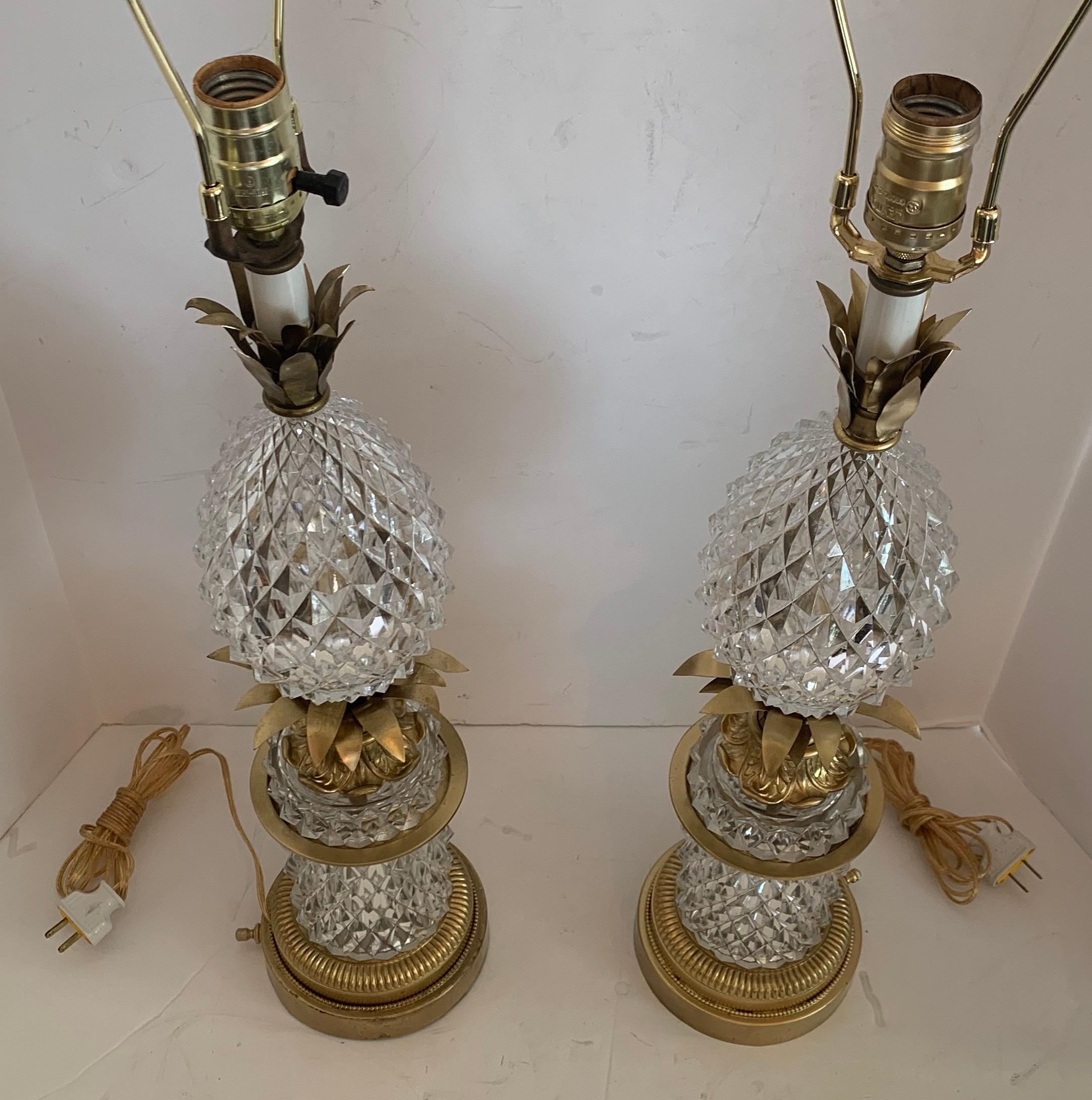 Faceted Wonderful Baccarat French Cut Crystal Bronze Ormolu Mounted Pineapple Lamps Pair