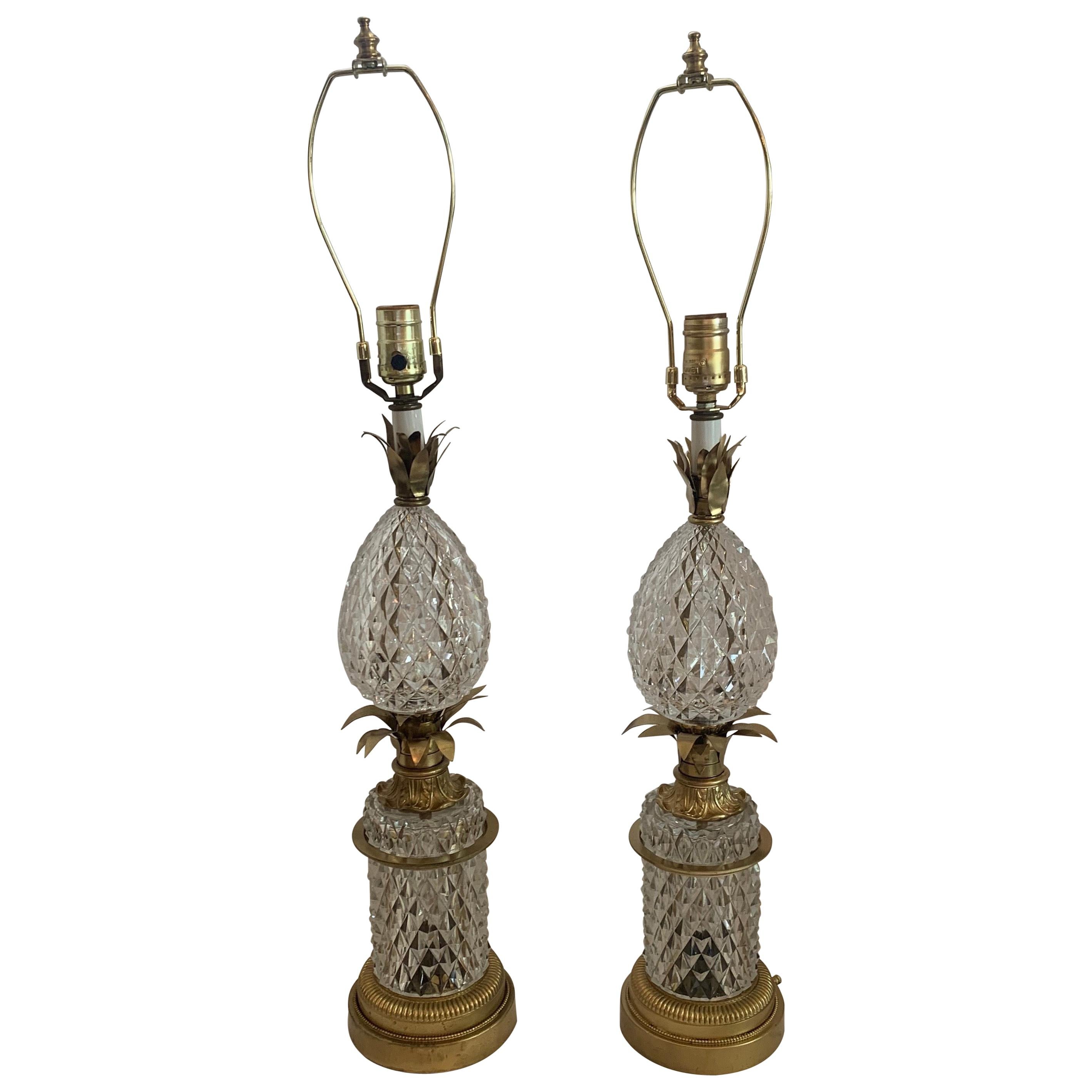 Wonderful Baccarat French Cut Crystal Bronze Ormolu Mounted Pineapple Lamps Pair
