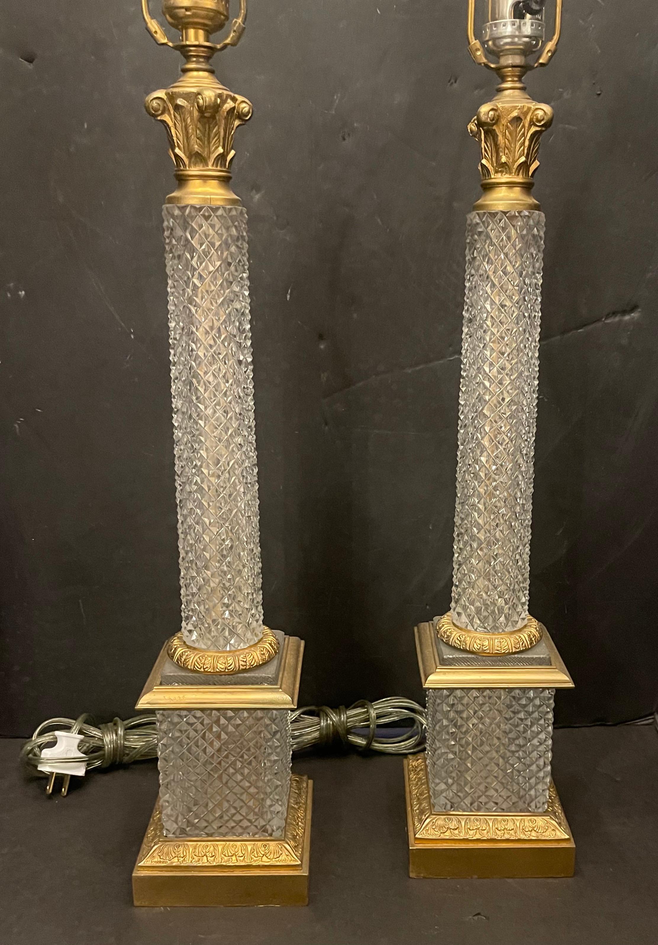 A Wonderful Pair Of Baccarat Style French Faceted Cut Crystal & Bronze Ormolu Mounted Column Form Lamps