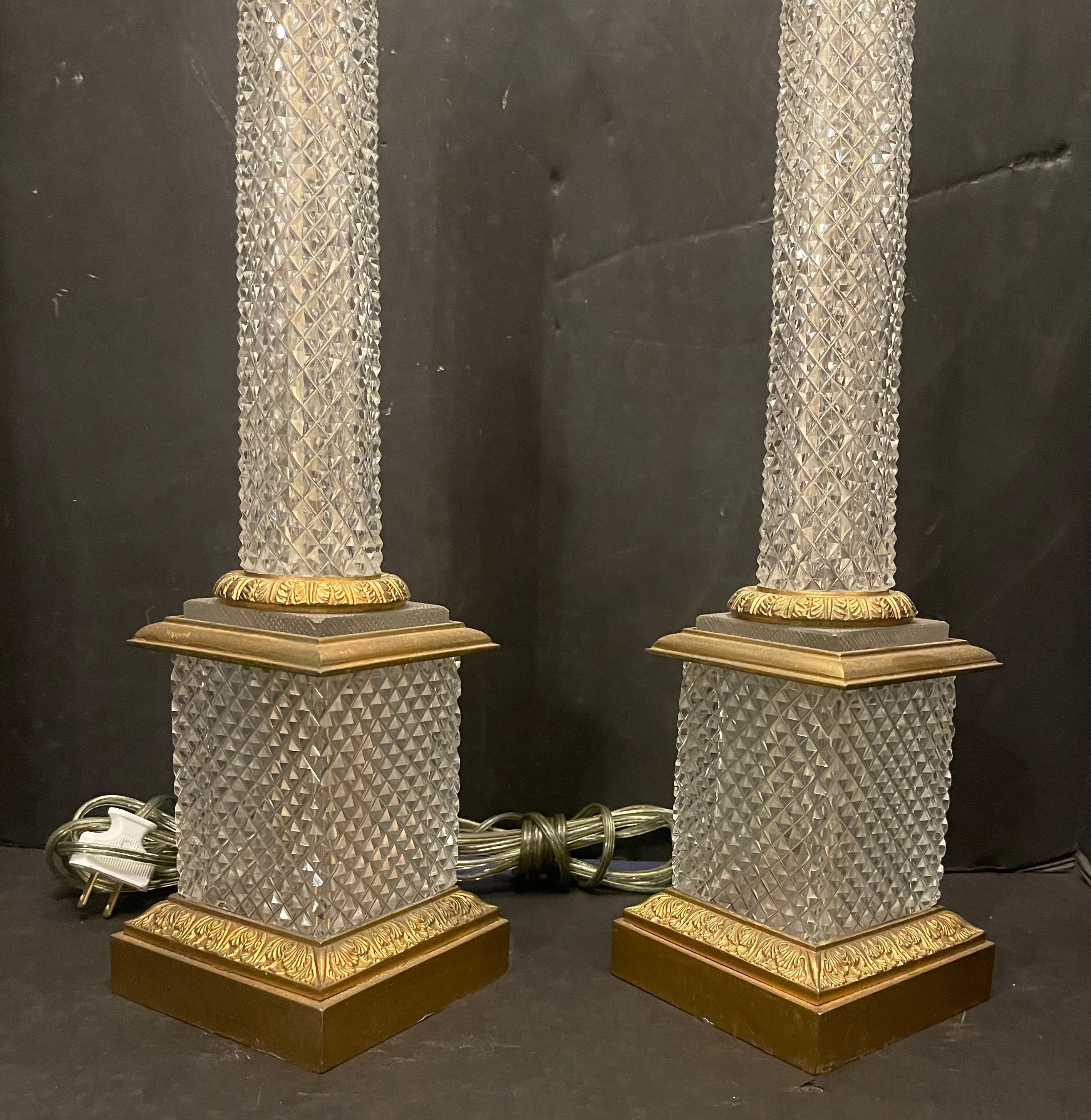Belle Époque Wonderful Pair Baccarat French Faceted Cut Crystal Bronze Ormolu Column Lamps For Sale