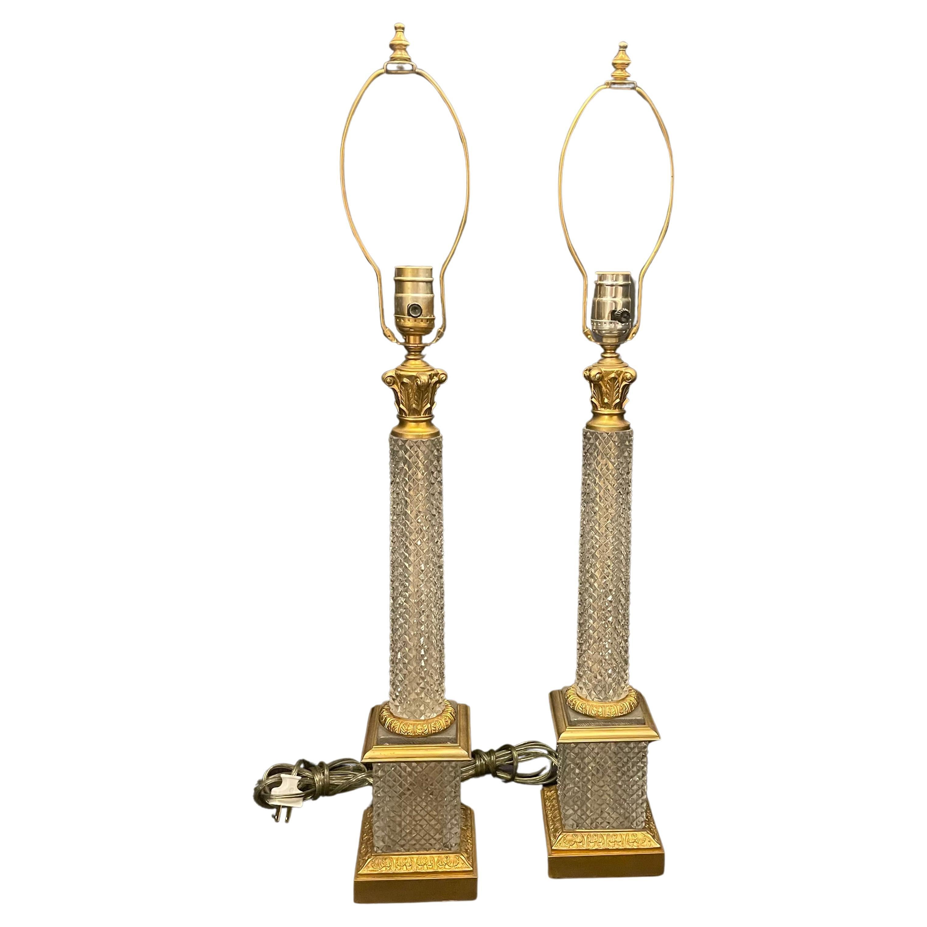 Wonderful Pair Baccarat French Faceted Cut Crystal Bronze Ormolu Column Lamps For Sale