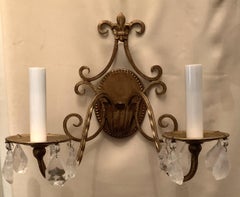 Wonderful Pair of Baguès Fleur-de-Lis Bronze Two-Arm Petite Rock Crystal Sconces
