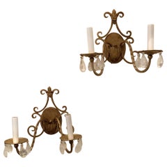 Wonderful Pair of Baguès Fleur-de-Lis Bronze Two-Arm Petite Rock Crystal Sconces