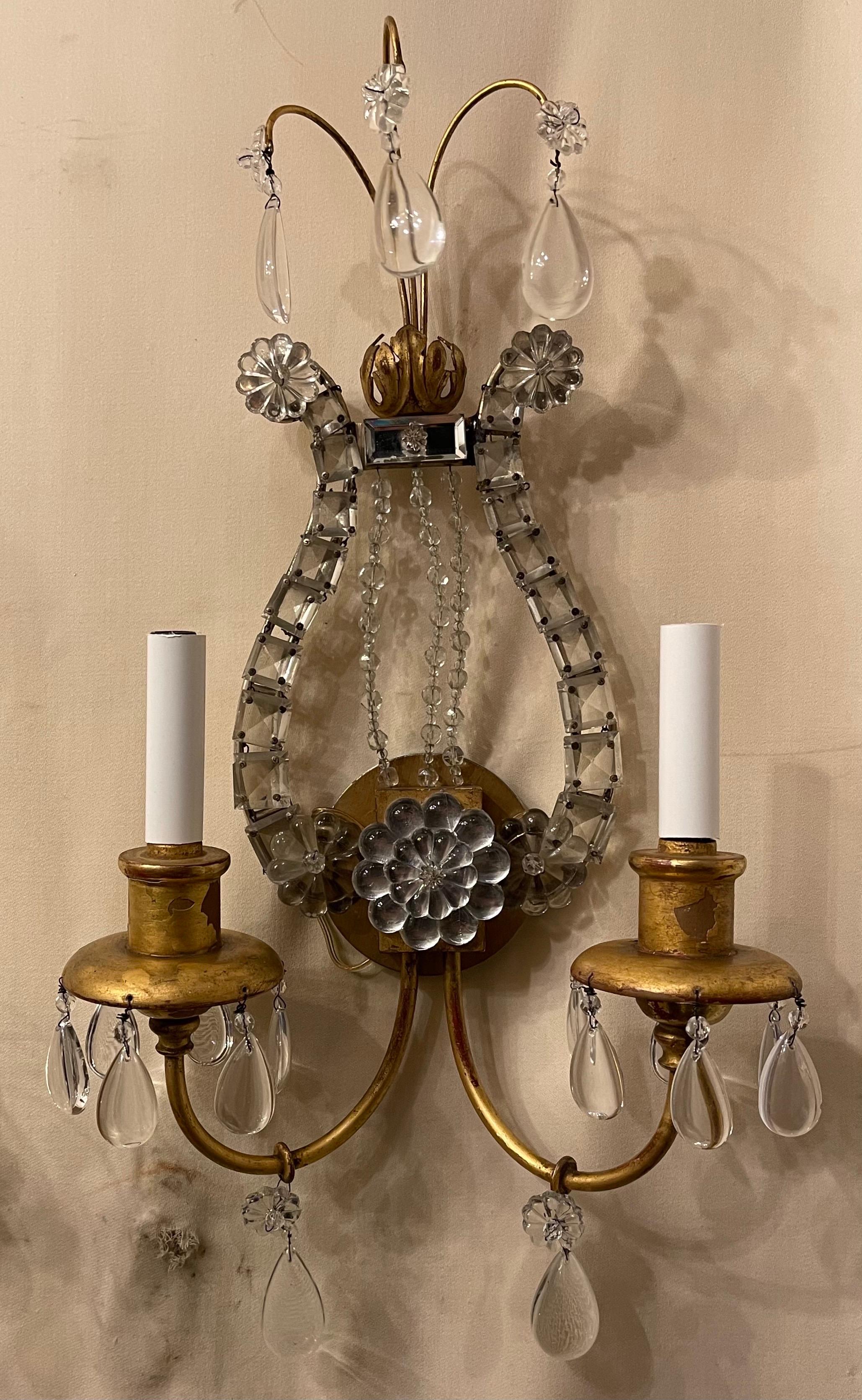 A wonderful pair of Bagues giltwood and crystal beaded harp back flower tole wall sconces
Completely rewired with new sockets.