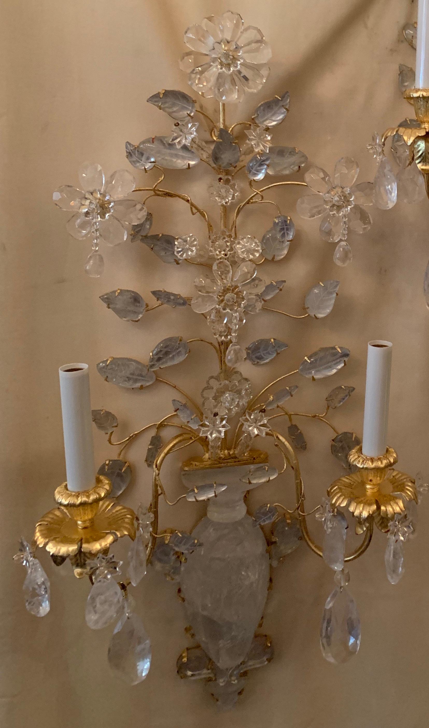 A wonderful pair of Baguès gold gilt rock crystal urn form 2-candelabras light flower & leaf sconces, completely rewired with new sockets.