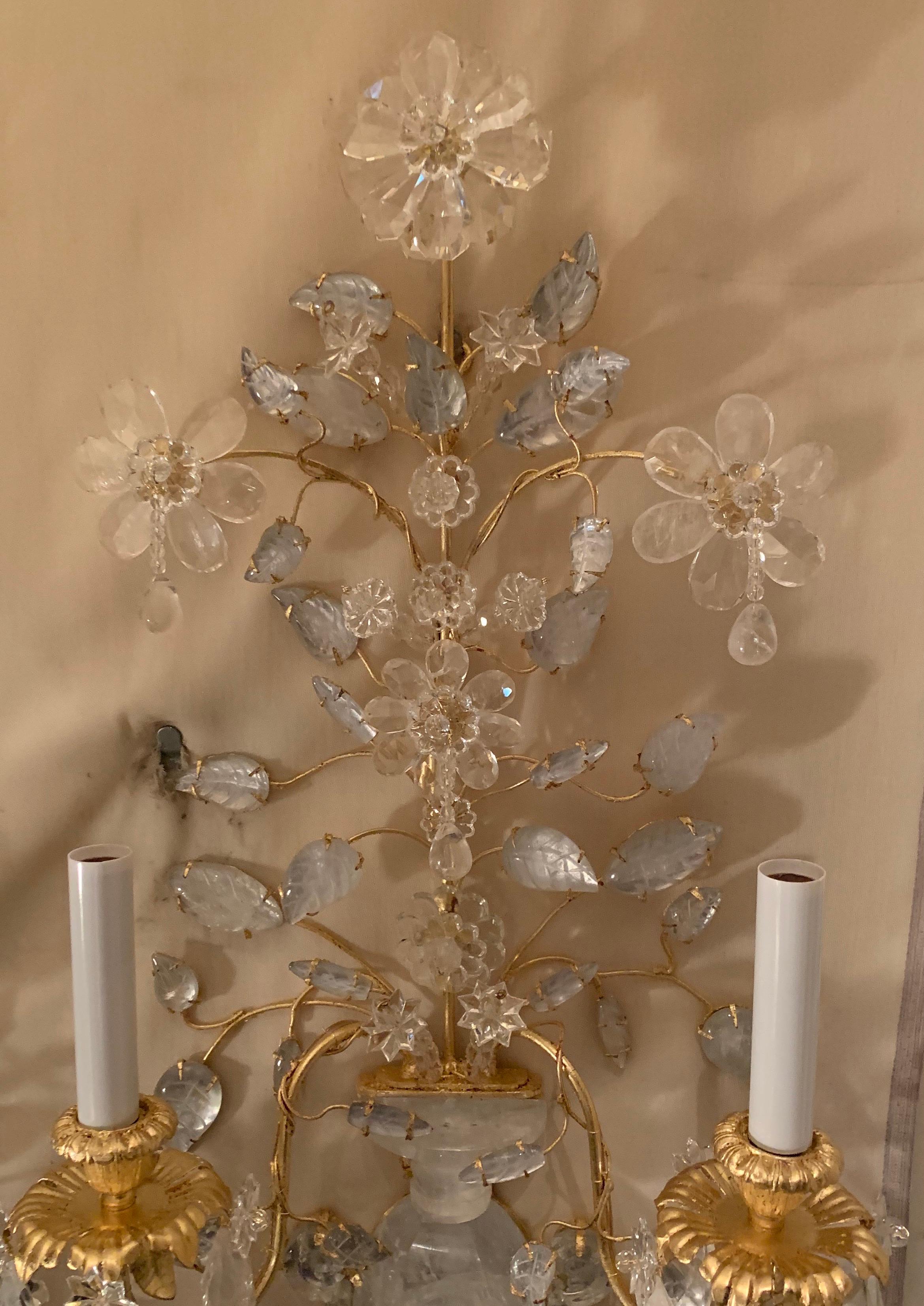 Belle Époque Wonderful Pair of Baguès Gold Gilt Rock Crystal Urn 2-Arm Flower Leaf Sconces