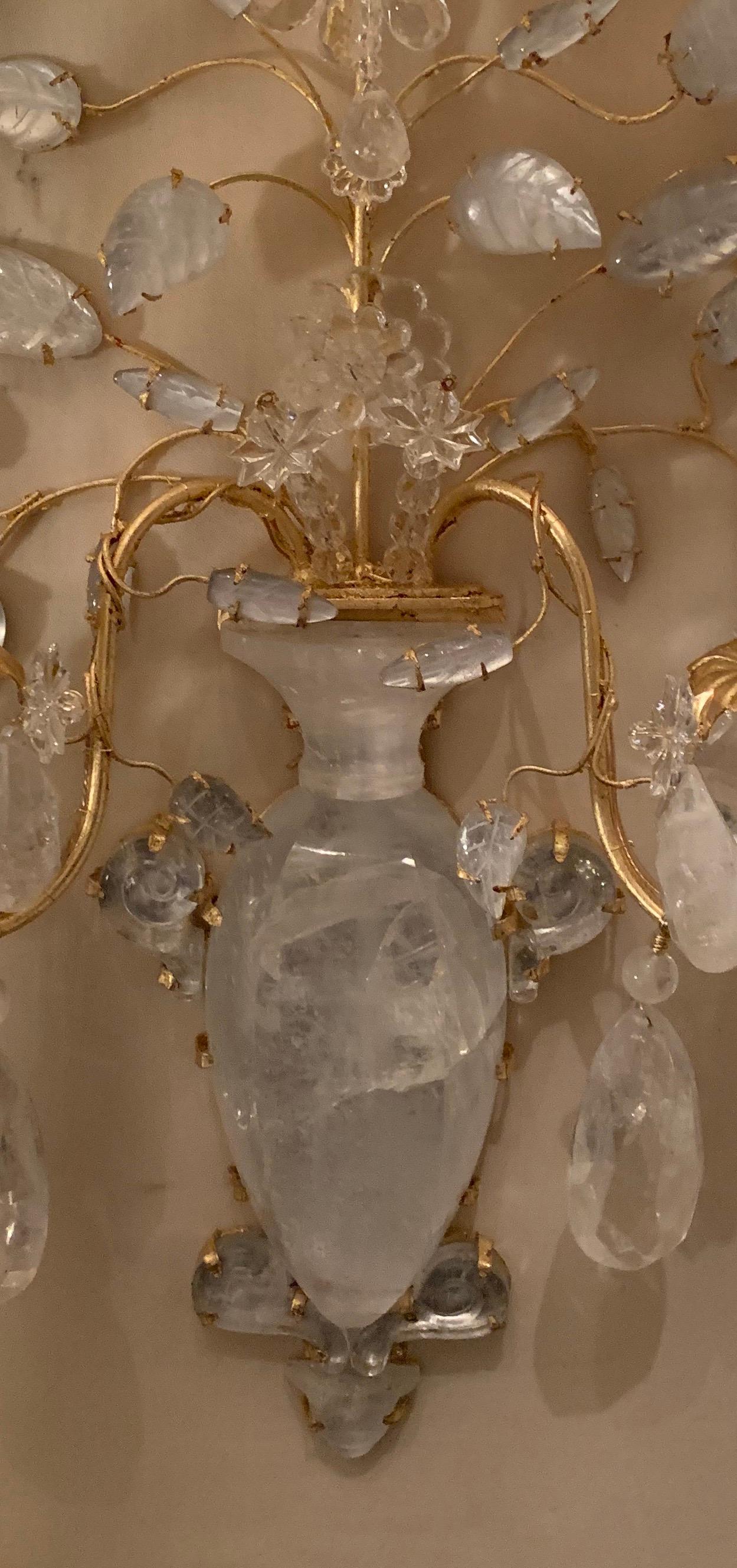 Wonderful Pair of Baguès Gold Gilt Rock Crystal Urn 2-Arm Flower Leaf Sconces In Good Condition In Roslyn, NY