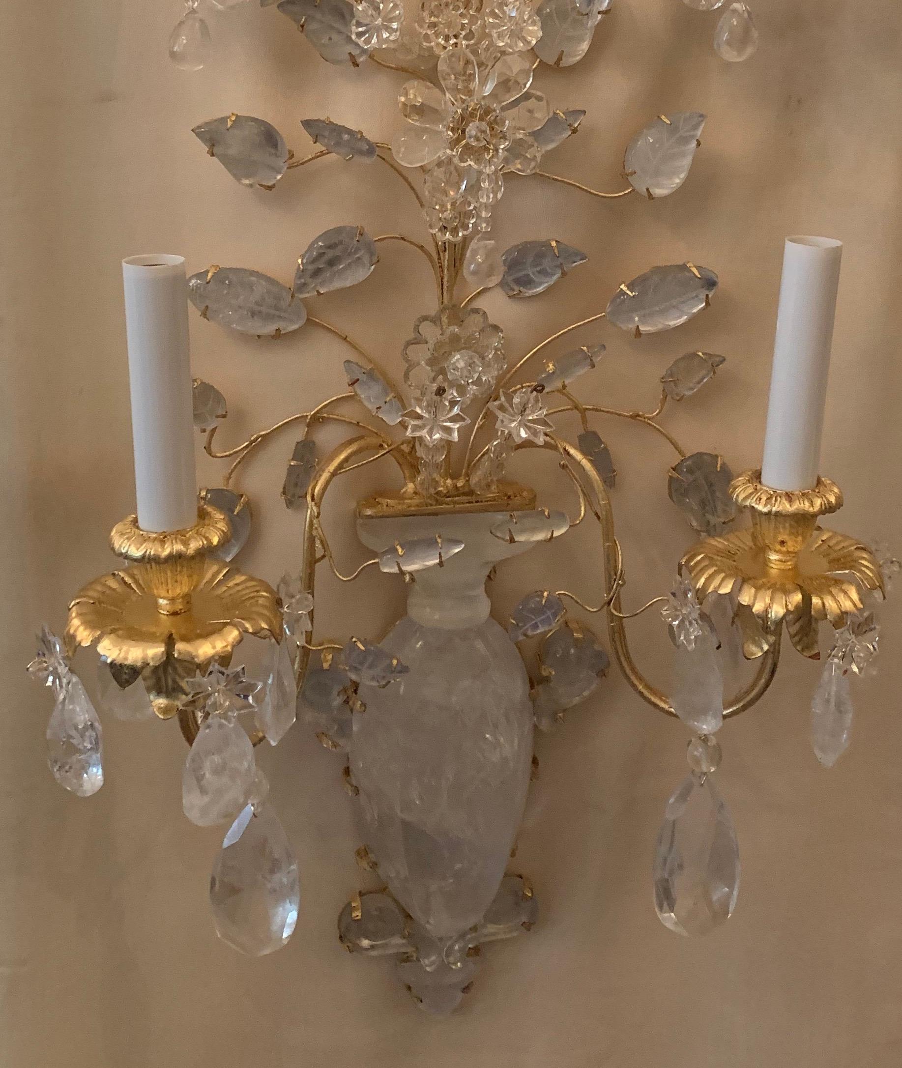 20th Century Wonderful Pair of Baguès Gold Gilt Rock Crystal Urn 2-Arm Flower Leaf Sconces