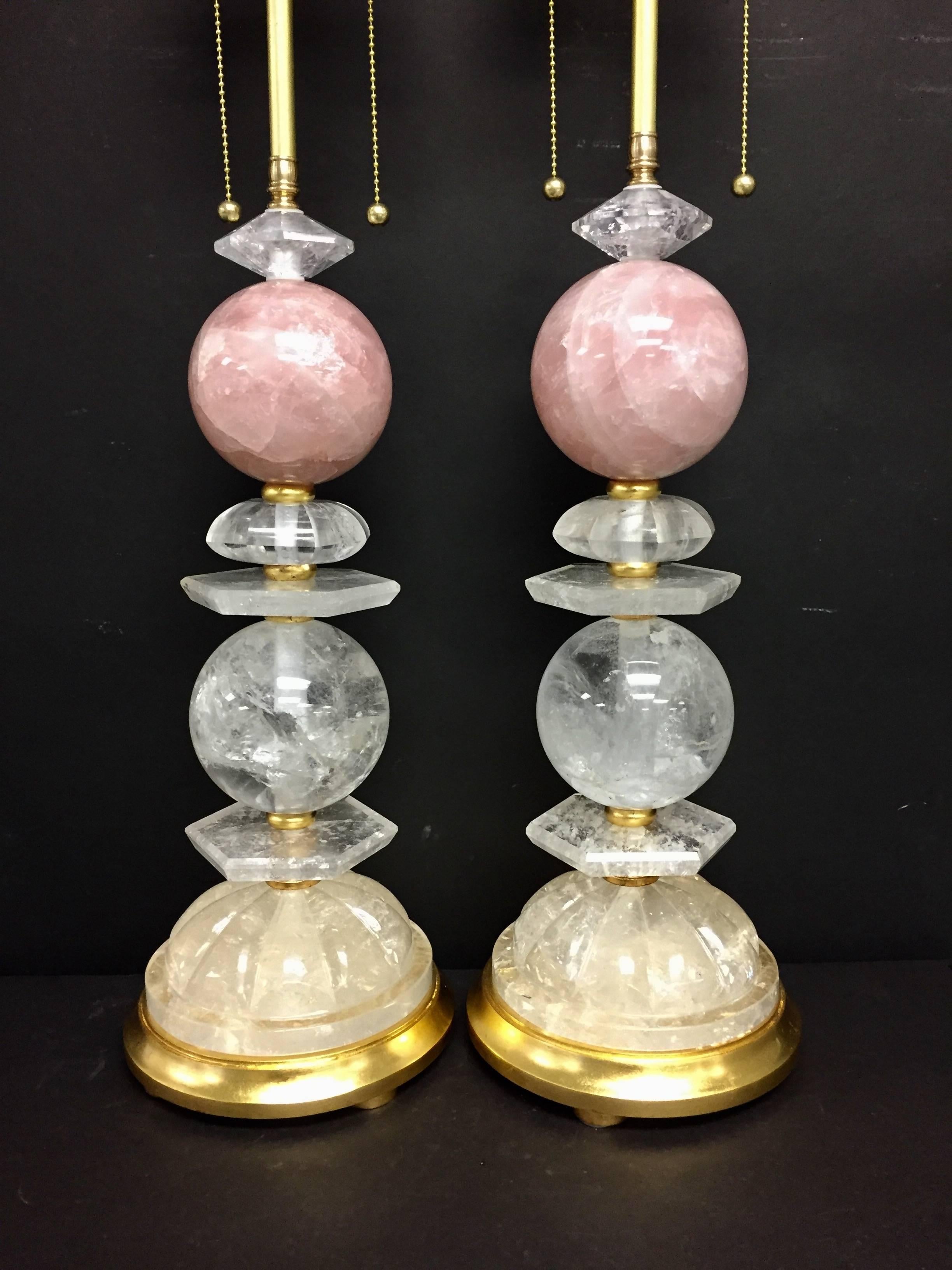 Italian Wonderful Pair of Bagues Mid-Century Modern Rock Crystal Rose Quartz Table Lamps