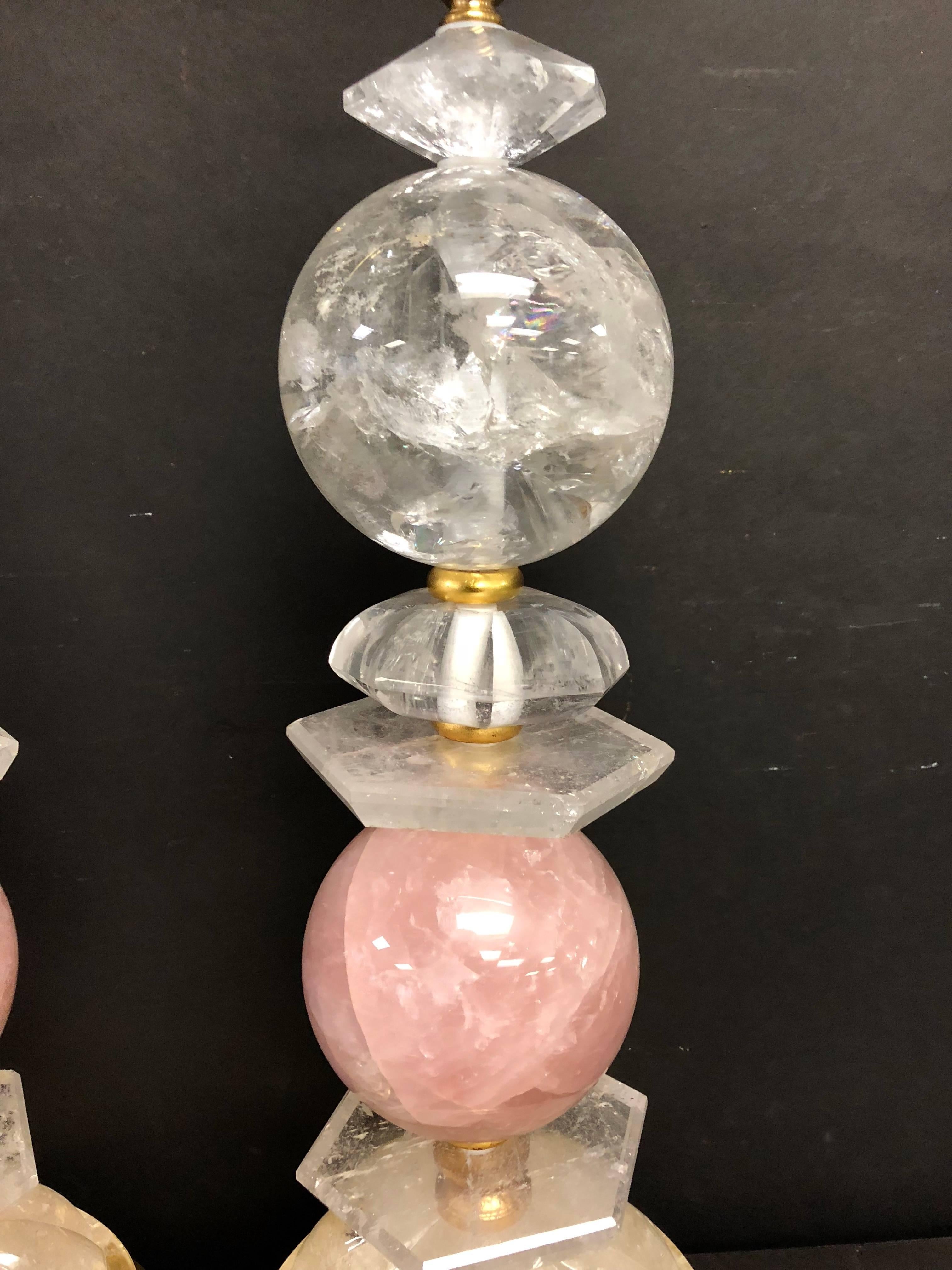 Wonderful Pair of Bagues Mid-Century Modern Rock Crystal Rose Quartz Table Lamps In Good Condition In Roslyn, NY