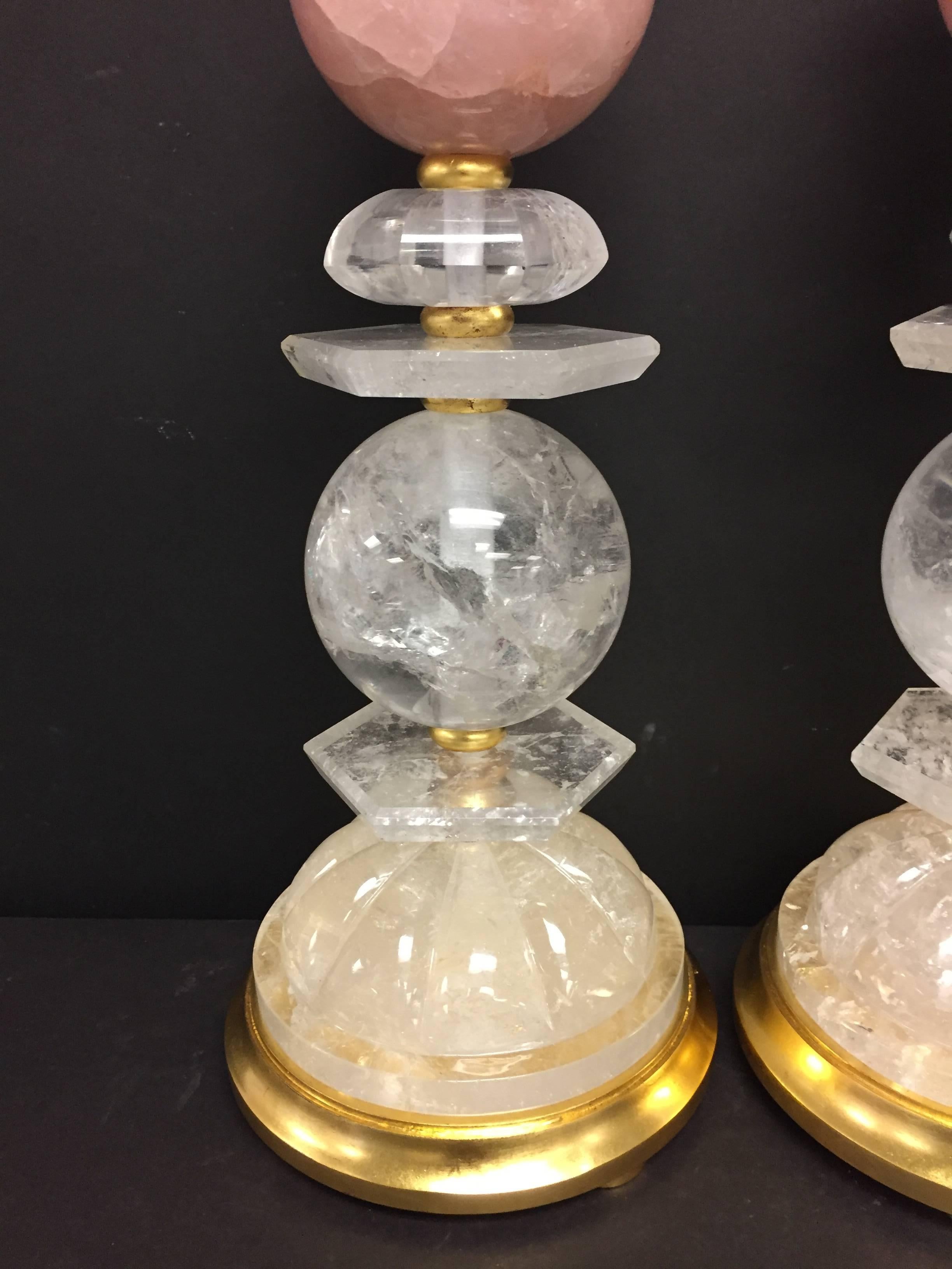 Wonderful Pair of Bagues Mid-Century Modern Rock Crystal Rose Quartz Table Lamps 1