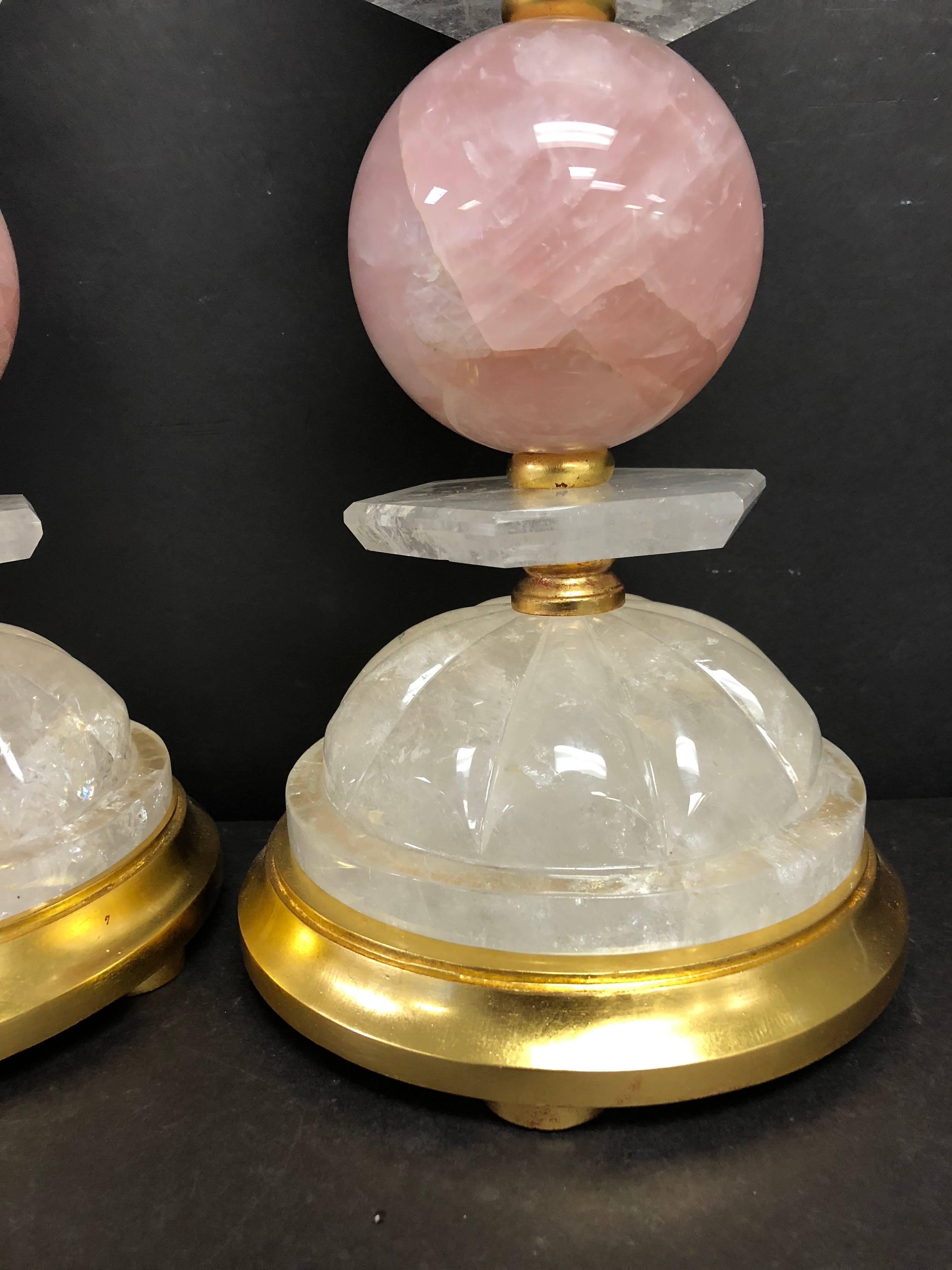 Wonderful Pair of Bagues Mid-Century Modern Rock Crystal Rose Quartz Table Lamps 2