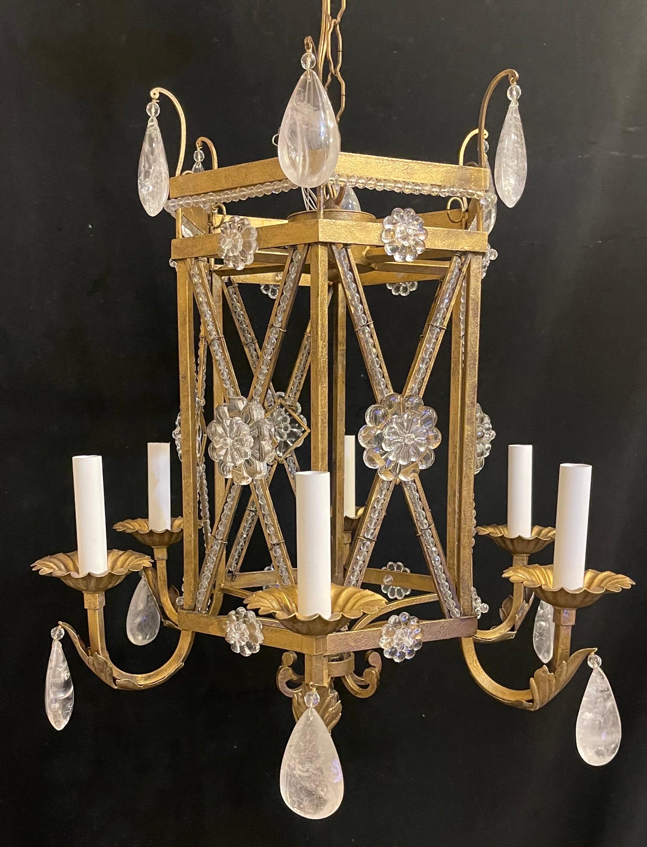 A Wonderful Pair Of Baguès Style Glass Flower And Rock Crystal Drop Chinoiserie Style Hexagon Form With 6 Candelabra Light Chandeliers, 
*Each Sold Individually 
Completely Rewired With New Sockets
Accompanied By Chain And Canopy