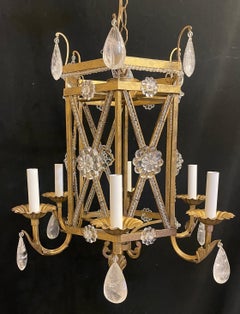 Wonderful Pair Baguès Rock Crystal Chinoiserie Gold Gilt Chandeliers Fixtures