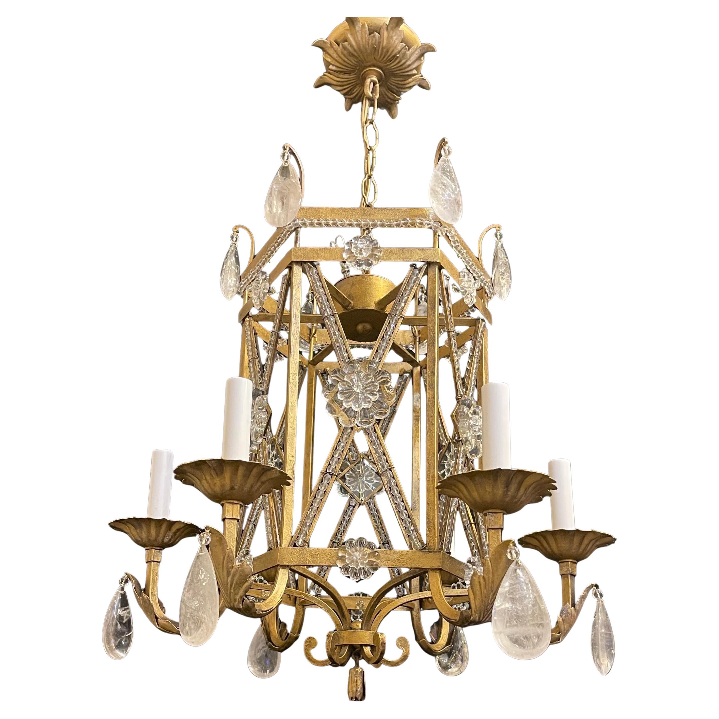 Wonderful Pair Baguès Rock Crystal Chinoiserie Gold Gilt Chandeliers Fixtures