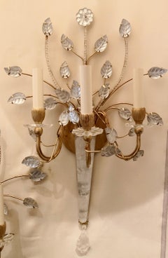Pair of Baguès Rock Crystal Flower Leaf Spray Beaded Gold Gilt Sconces