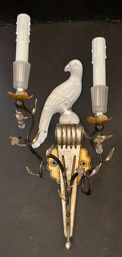 Wonderful Pair Baguès Sherle Wagner Two-Arm Crystal Bird Urn Vintage Sconces