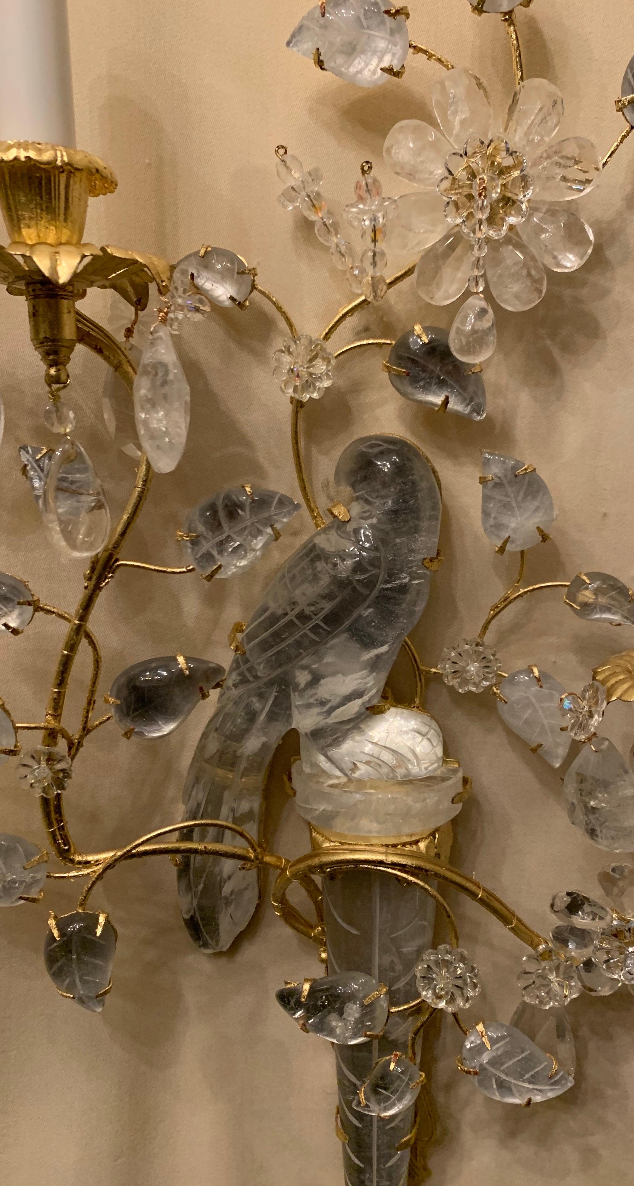 Wonderful Pair of Baguès Style Two-Arm Rock Crystal Bird Urn Form Large Sconces In Good Condition In Roslyn, NY