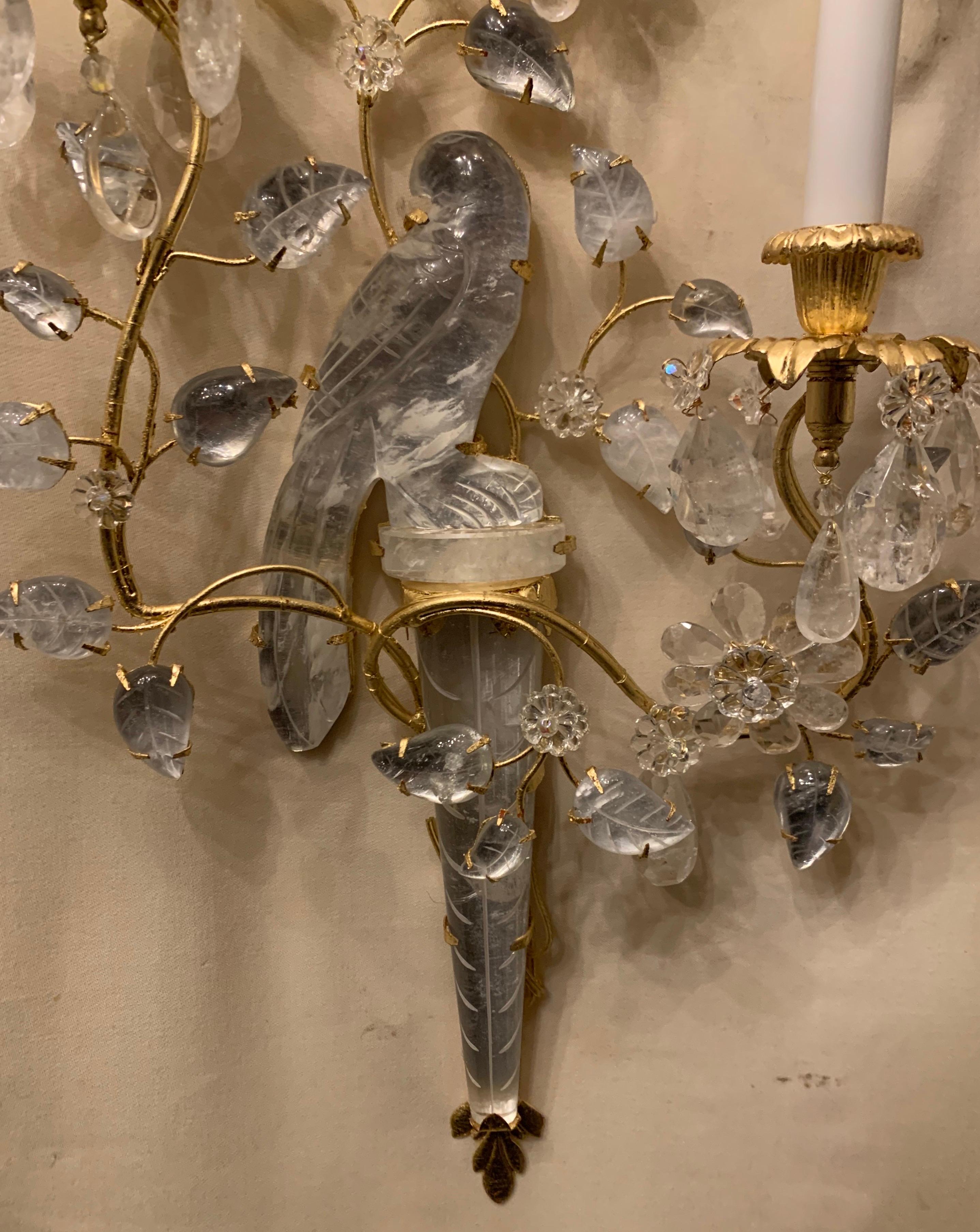 20th Century Wonderful Pair of Baguès Style Two-Arm Rock Crystal Bird Urn Form Large Sconces