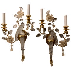 Wonderful Pair of Baguès Style Two-Arm Rock Crystal Bird Urn Form Petite Sconces