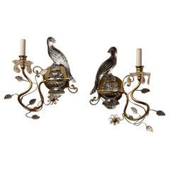 Wonderful Pair Baguès Style Vintage Gold Gilt Rock Crystal Parrot Bird Sconces