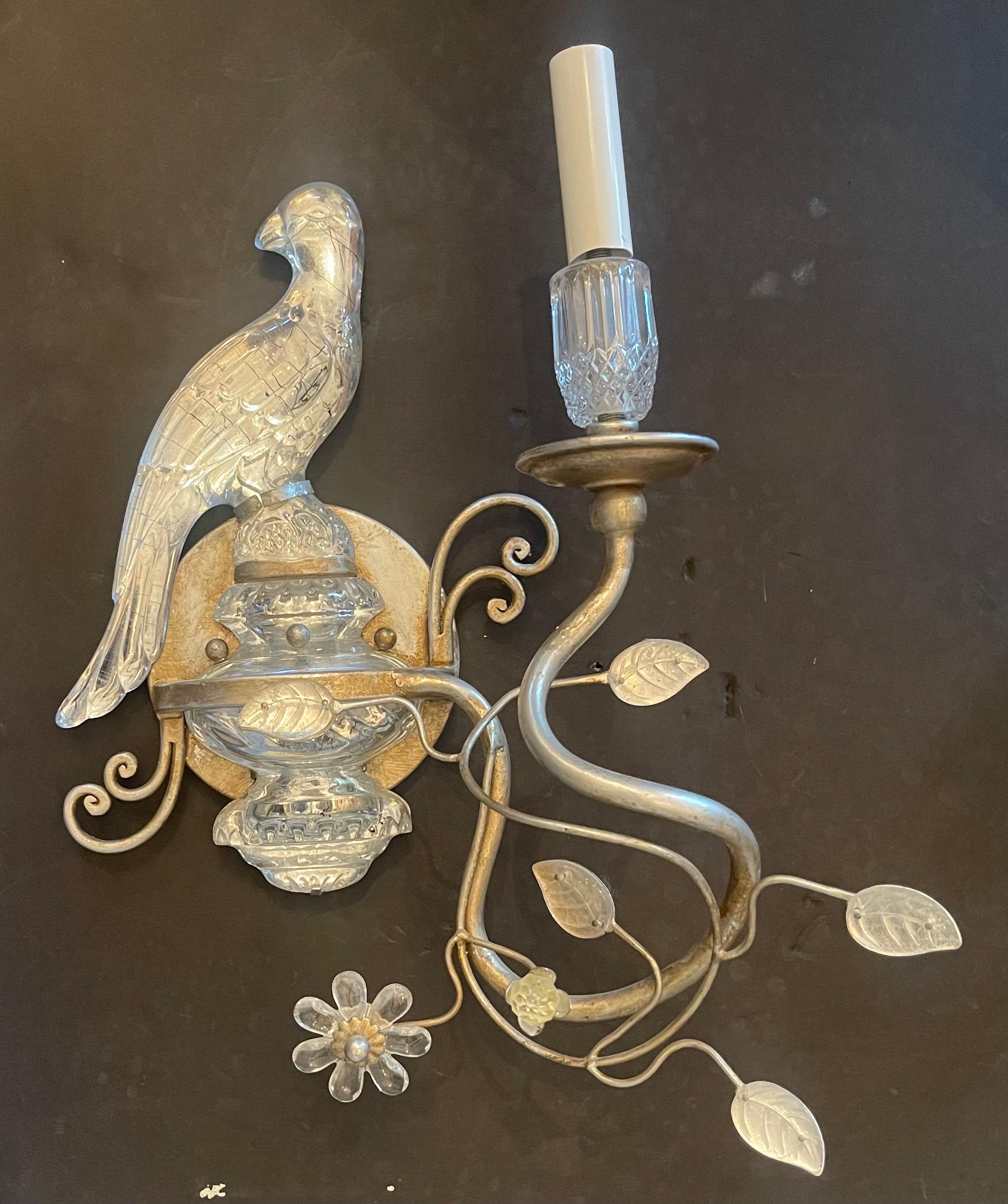 A Wonderful Vintage Pair Of Baguès Style Silver Gilt Faux Rock Crystal / Art Glass Parrot / Bird Resting On An Urn Sconces, Each Wired With A New Candelabra Socket Ready To Install With Mounting Hardware 