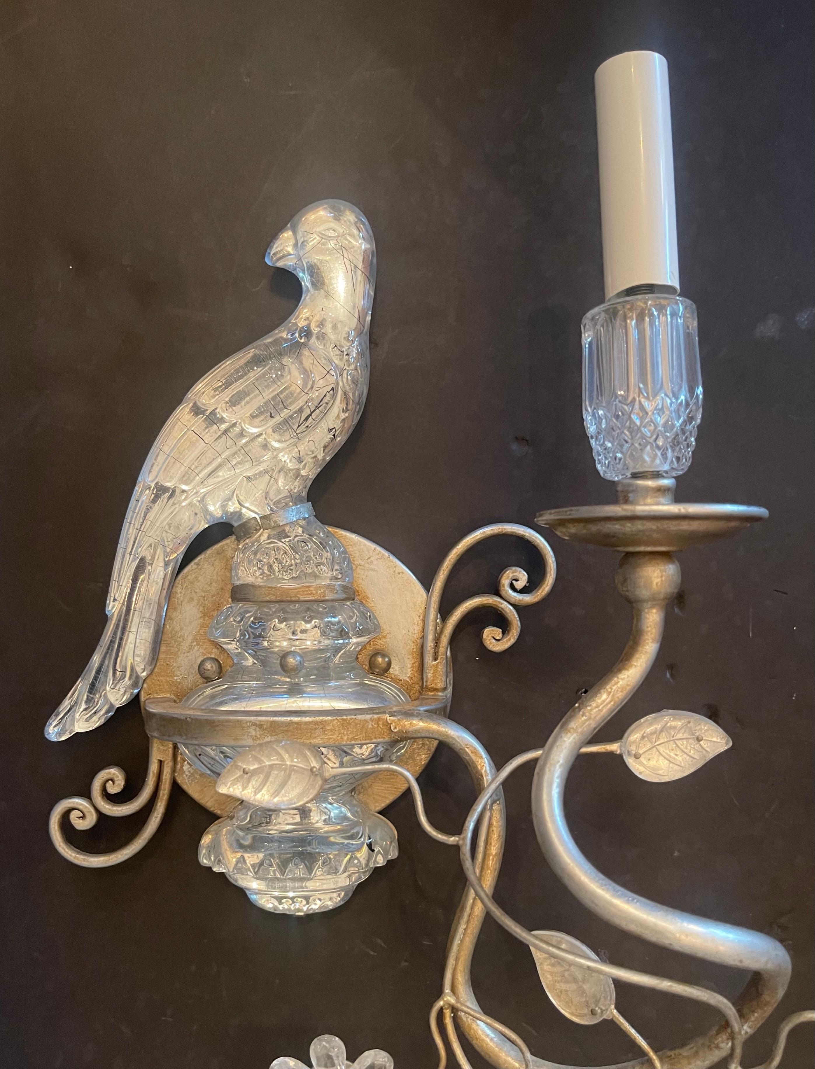 Belle Époque Wonderful Pair Baguès Style Vintage Silver Gilt Rock Crystal Parrot Bird Sconces For Sale