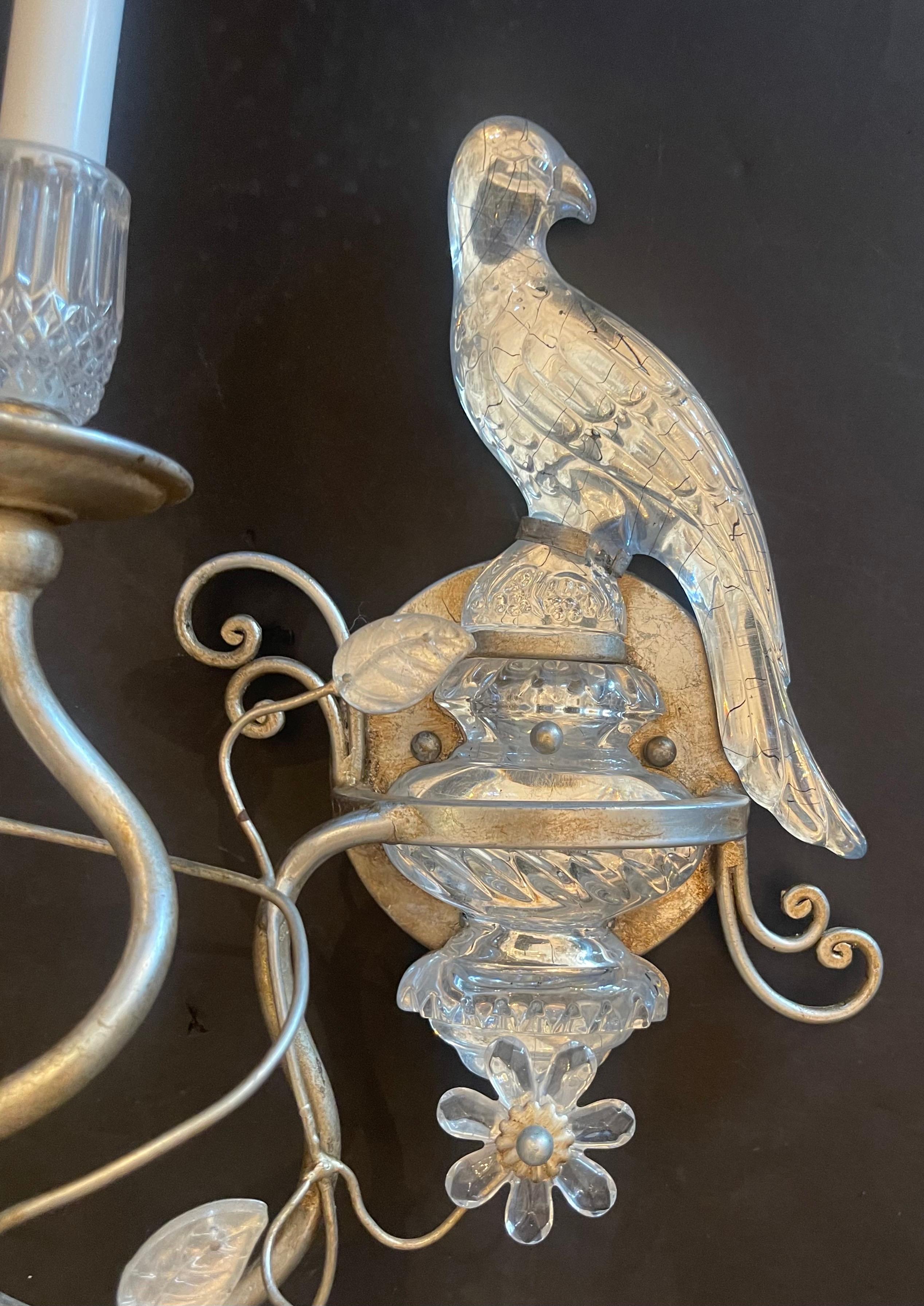 Italian Wonderful Pair Baguès Style Vintage Silver Gilt Rock Crystal Parrot Bird Sconces For Sale
