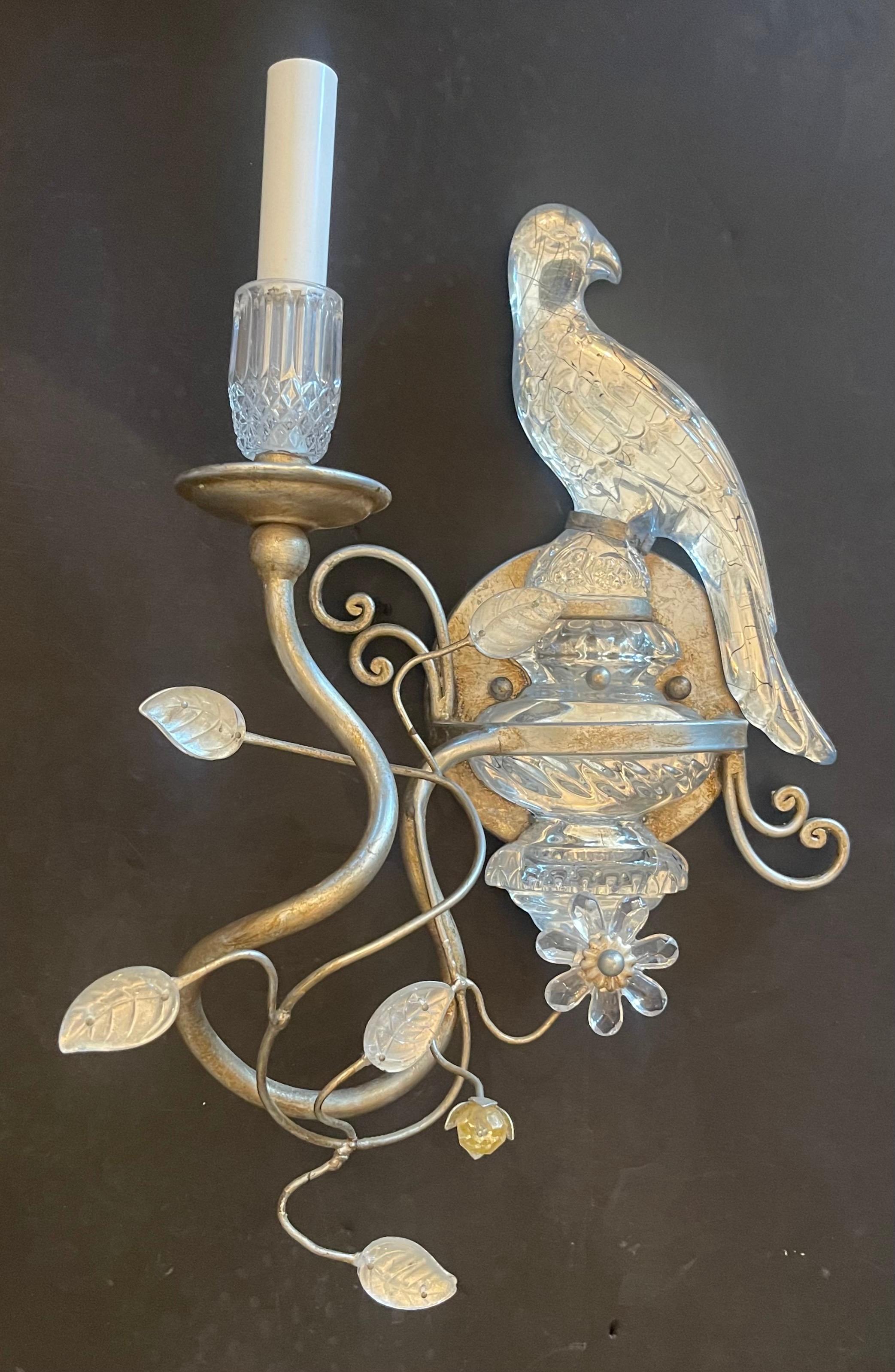 Silvered Wonderful Pair Baguès Style Vintage Silver Gilt Rock Crystal Parrot Bird Sconces For Sale