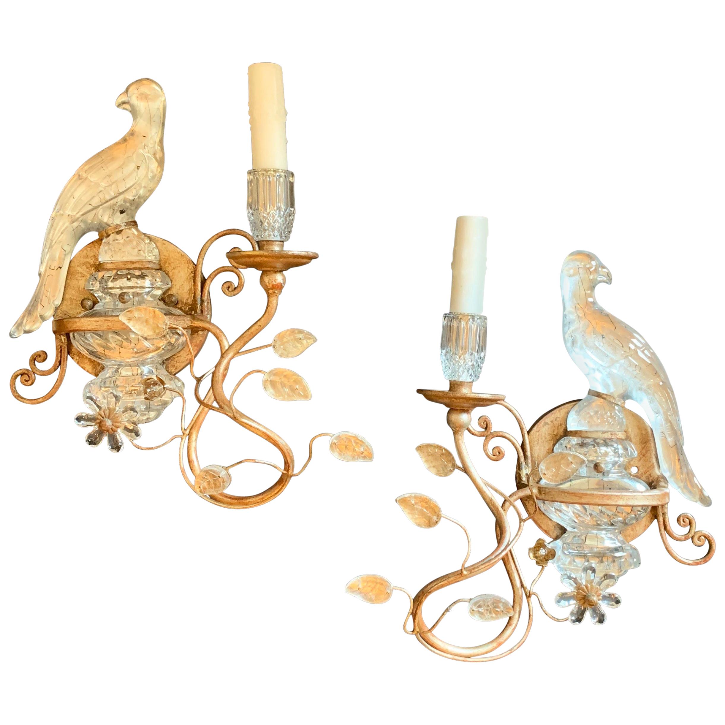 Pair of Baguès Style Vintage Silver Gilt Rock Crystal Parrot Bird Sconces