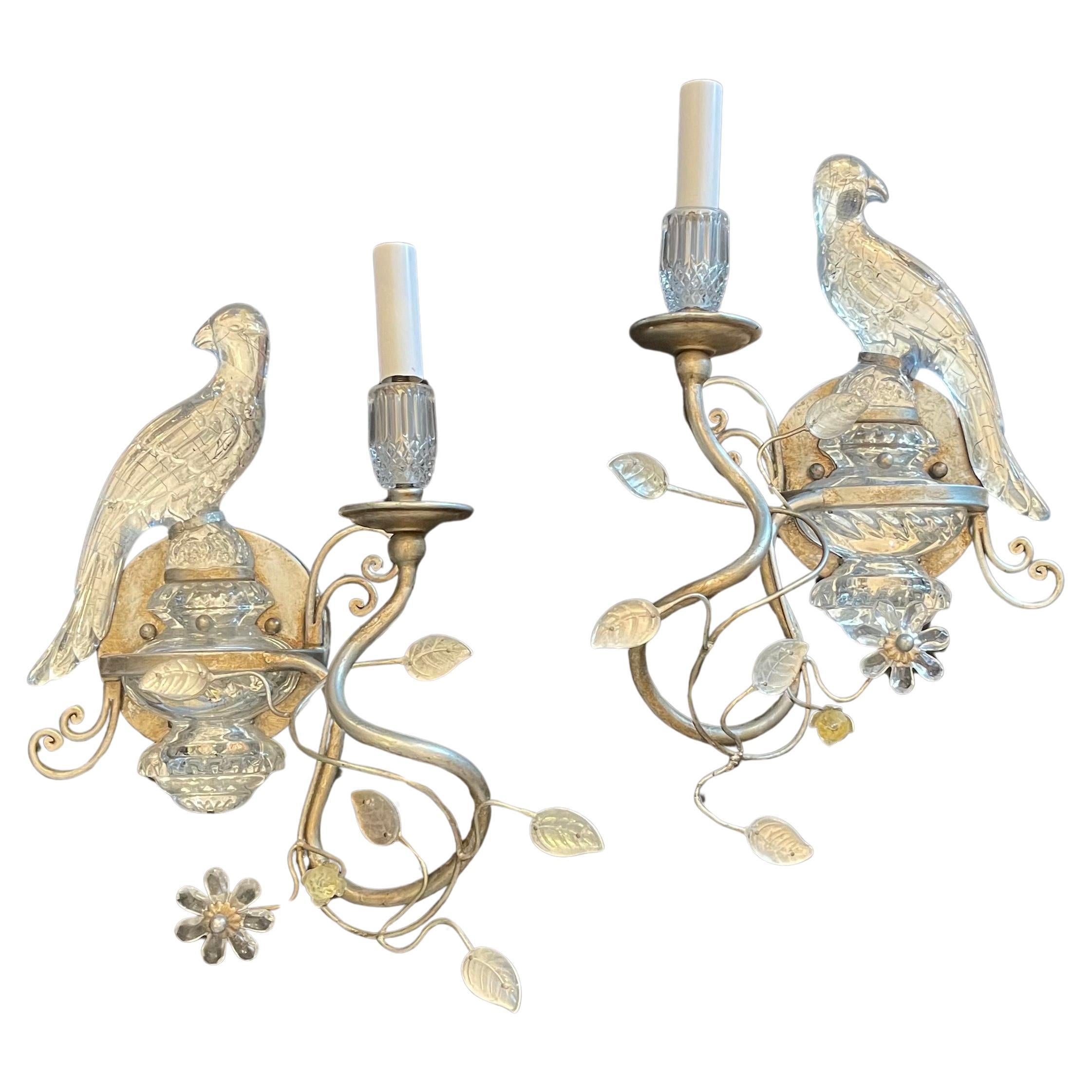 Wonderful Pair Baguès Style Vintage Silver Gilt Rock Crystal Parrot Bird Sconces