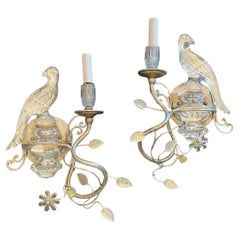 Wunderbares Paar Baguès Stil Vintage Silber vergoldet Bergkristall Papagei Vogel Wandleuchter
