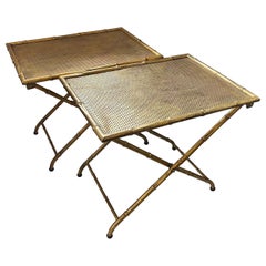 Wonderful Pair Bamboo Form Tole Gold Gilt Folding Rectangular Side Tables