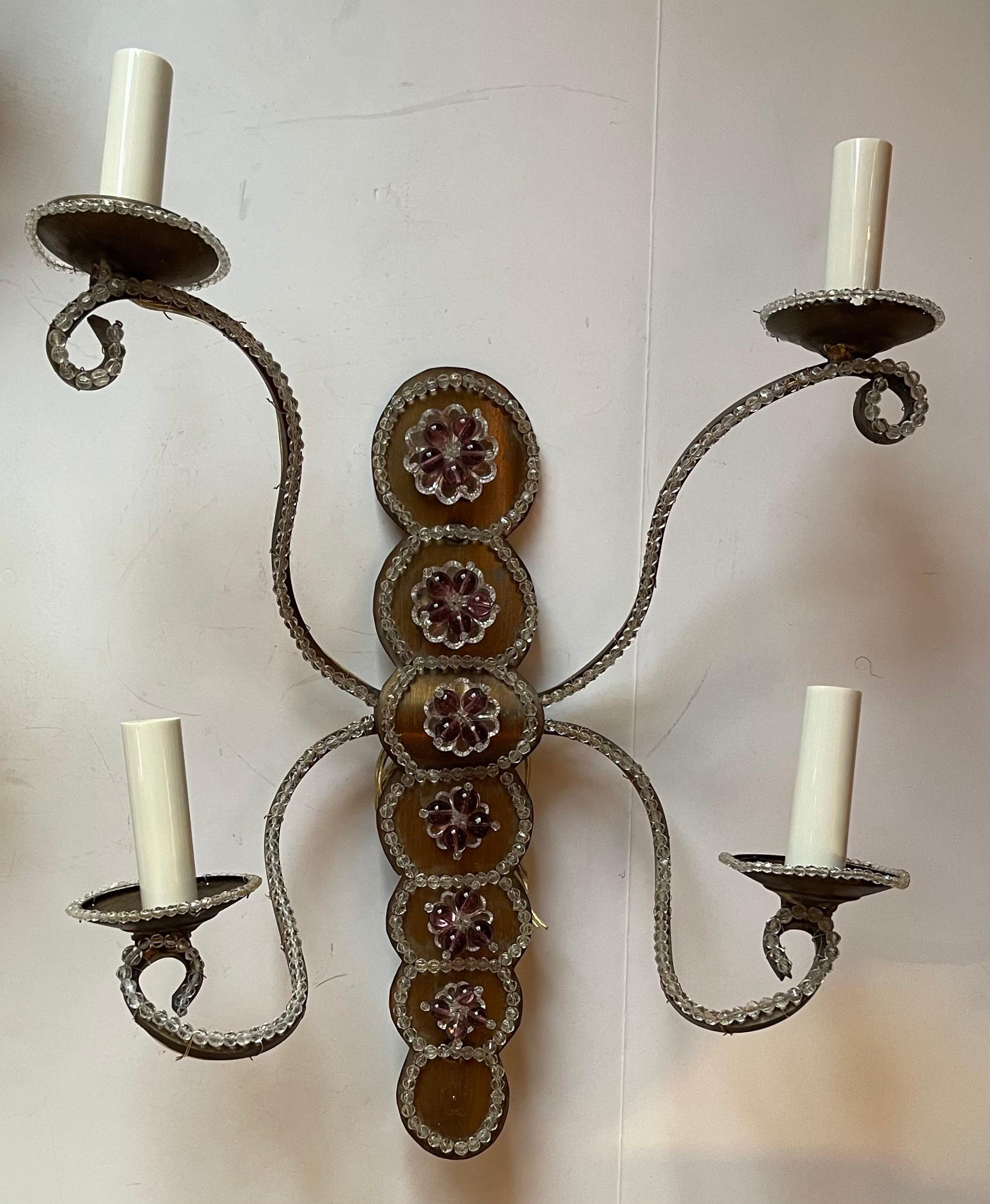 Beaux Arts Wonderful Pair of Beaded Italian Amethyst Crystal Tole Sconces For Sale