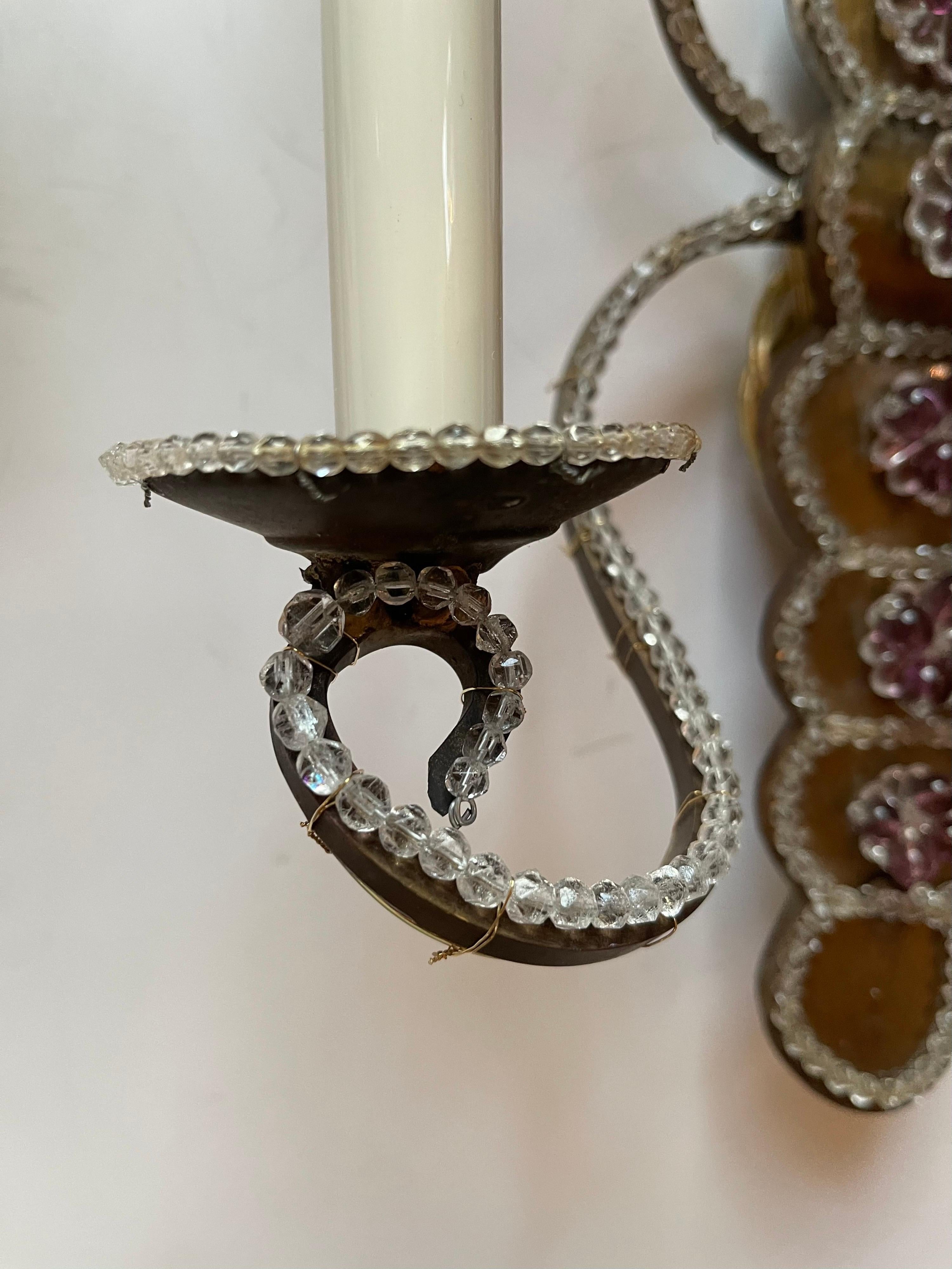 Wonderful Pair of Beaded Italian Amethyst Crystal Tole Sconces In Good Condition For Sale In Roslyn, NY