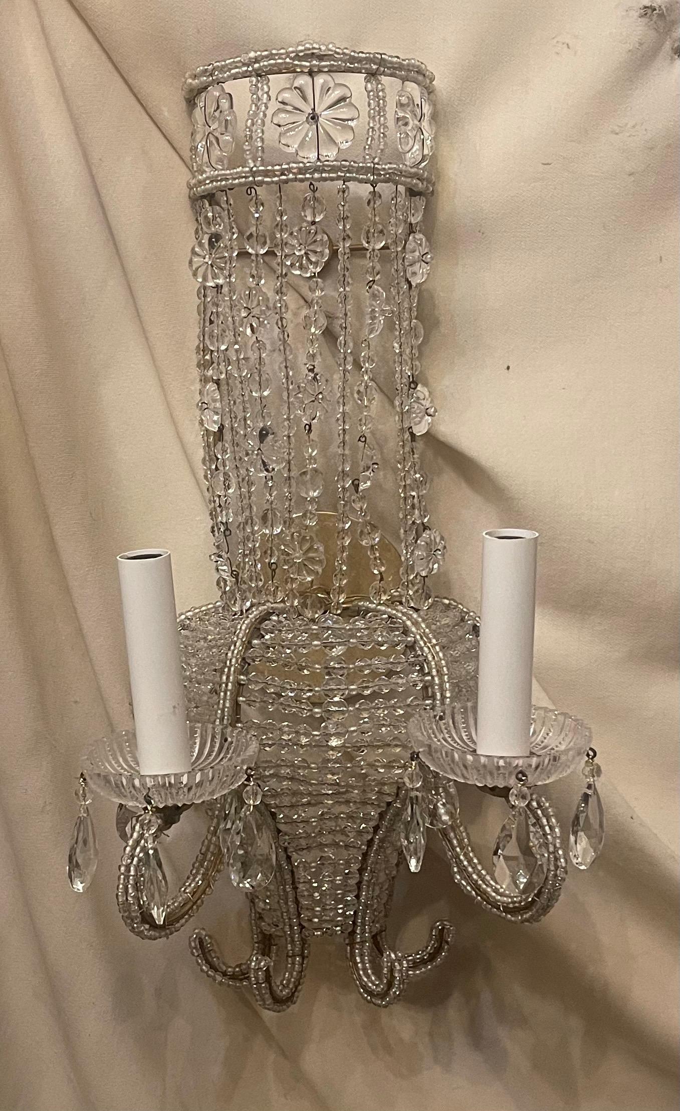 A Wonderful Pair Of Beaded Italian Vintage Gold Gilt Flower Basket Form 2 Candelabra Light Sconces