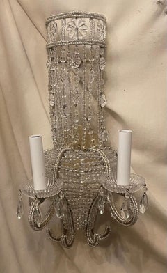 Wonderful Pair Beaded Italian Vintage Gold Gilt Flower Basket 2 Light Sconces