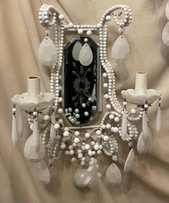 Wunderbare Paar Perlen Italienisch Vintage Gemalt Weiß Gespiegelt Shabby Chic Wandleuchten