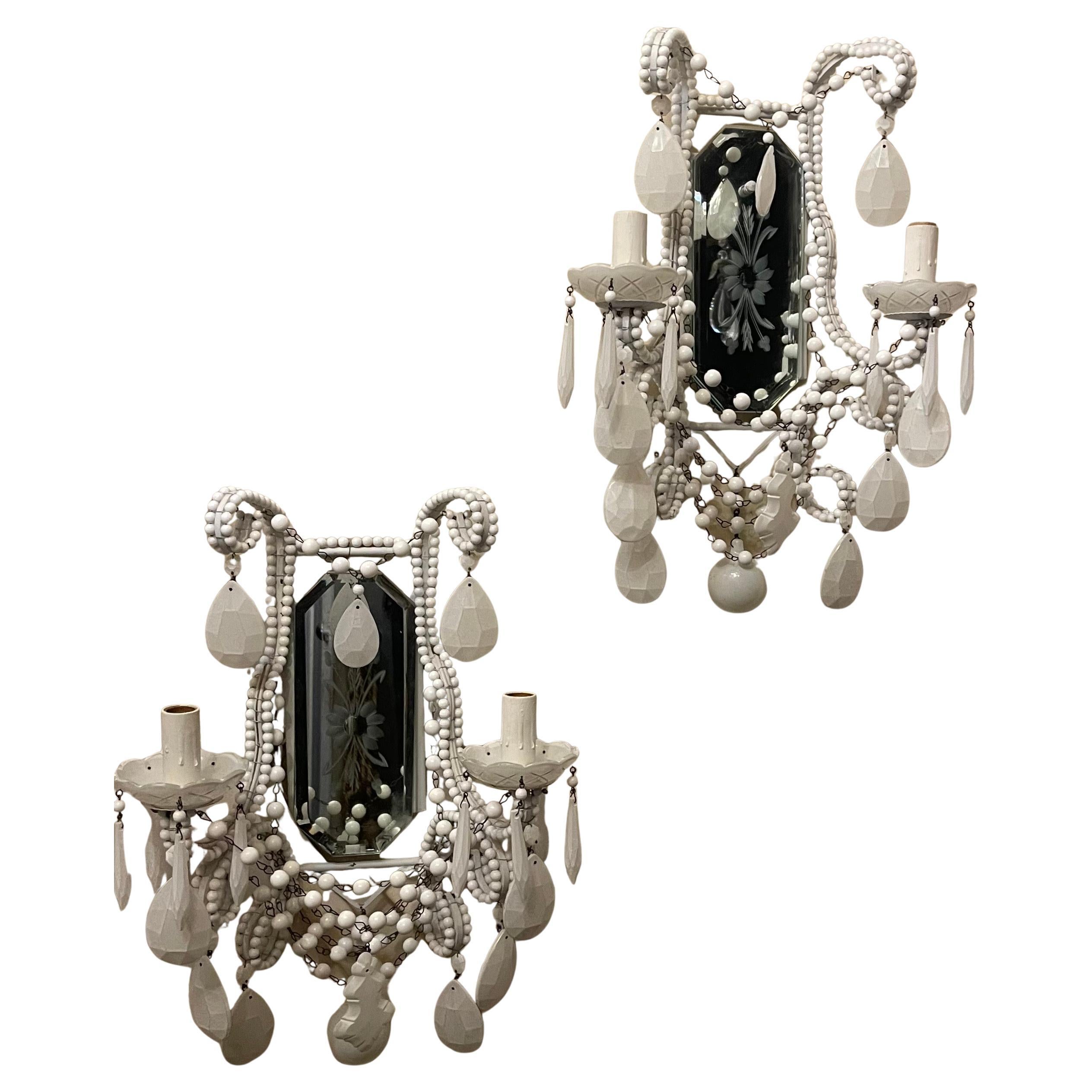 Wonderful Pair Beaded Italian Vintage Painted White Mirrored Shabby Chic Sconces