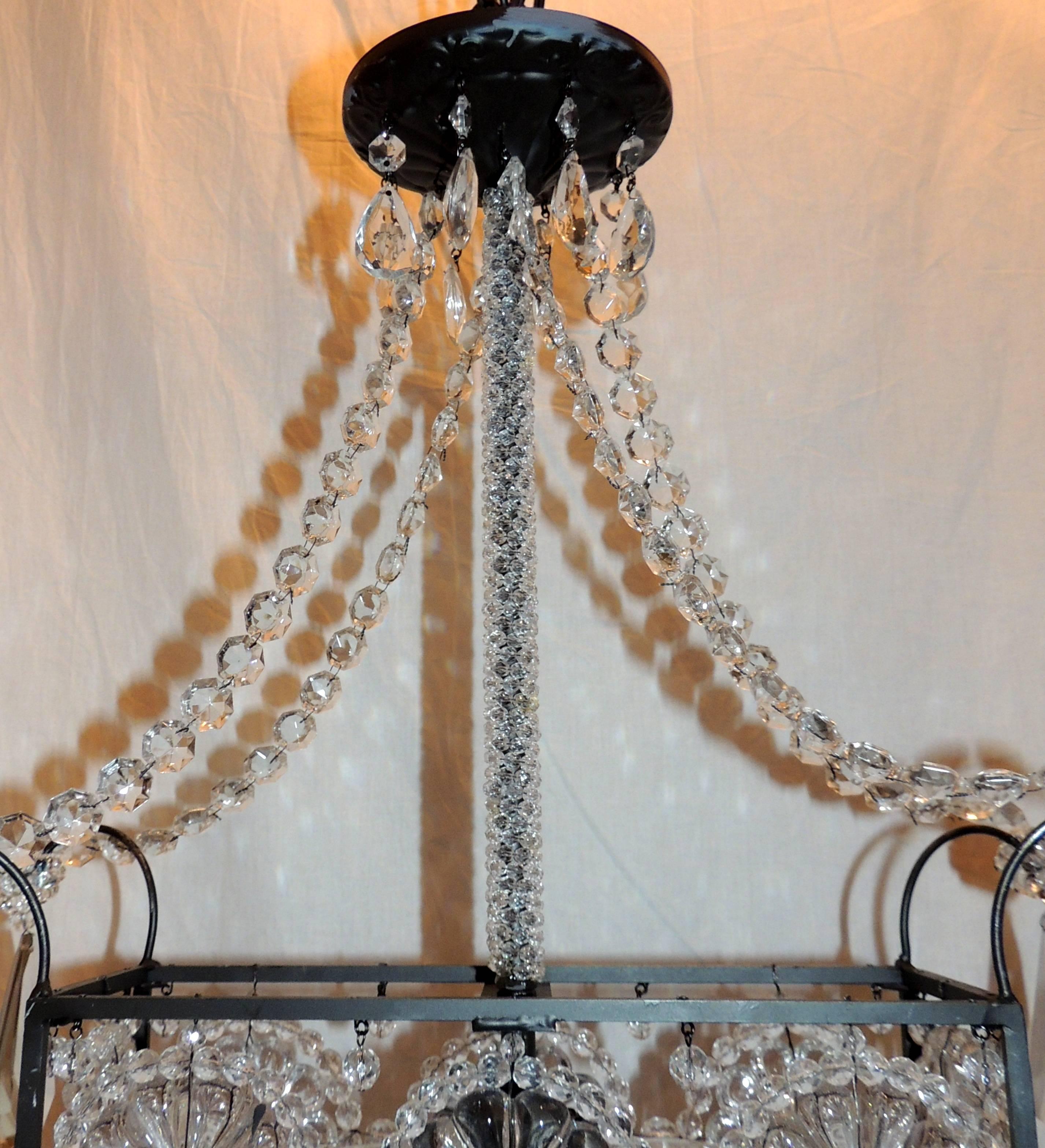 Mid-Century Modern Modern Pair Beaded Rectangle Flower Crystal Basket Light Fixture Chandeliers For Sale
