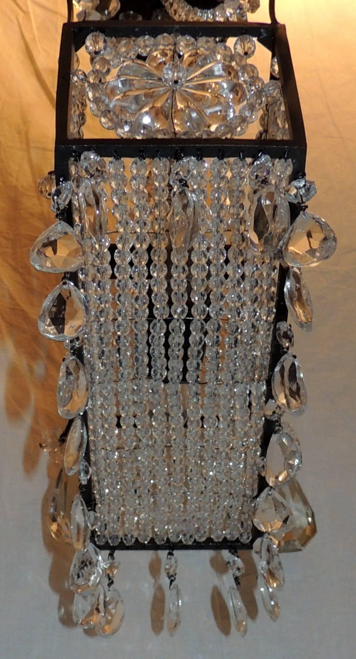 20th Century Modern Pair Beaded Rectangle Flower Crystal Basket Light Fixture Chandeliers For Sale