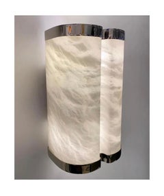 Meravigliosa coppia di lampade moderne deco curvate in alabastro e nichel