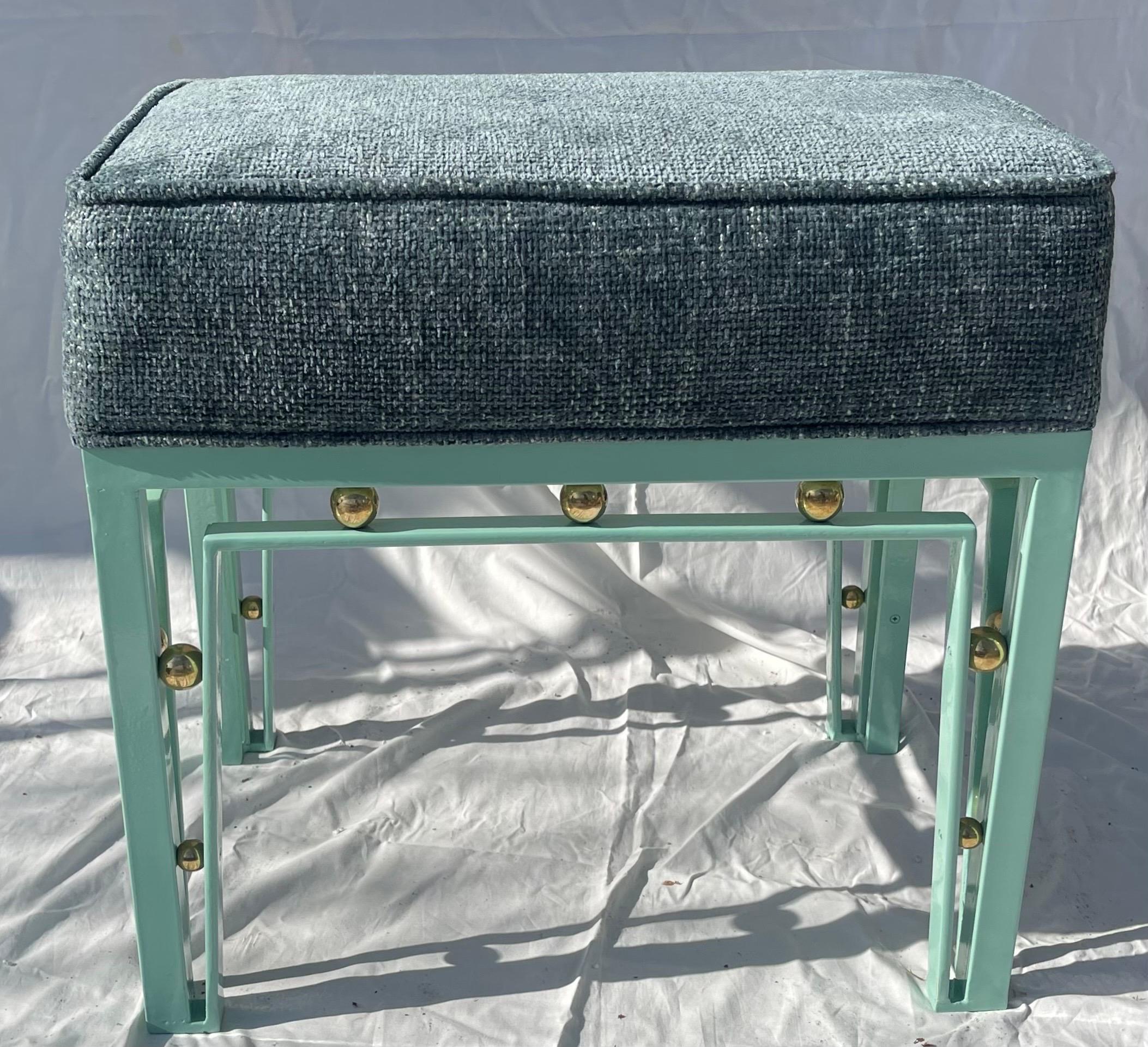 A Wonderful Pair Of Sea Foam Green Enamel And Brass Ball Accented Benches With Green Upholstery

Two Benches Available
Each Sold Separately