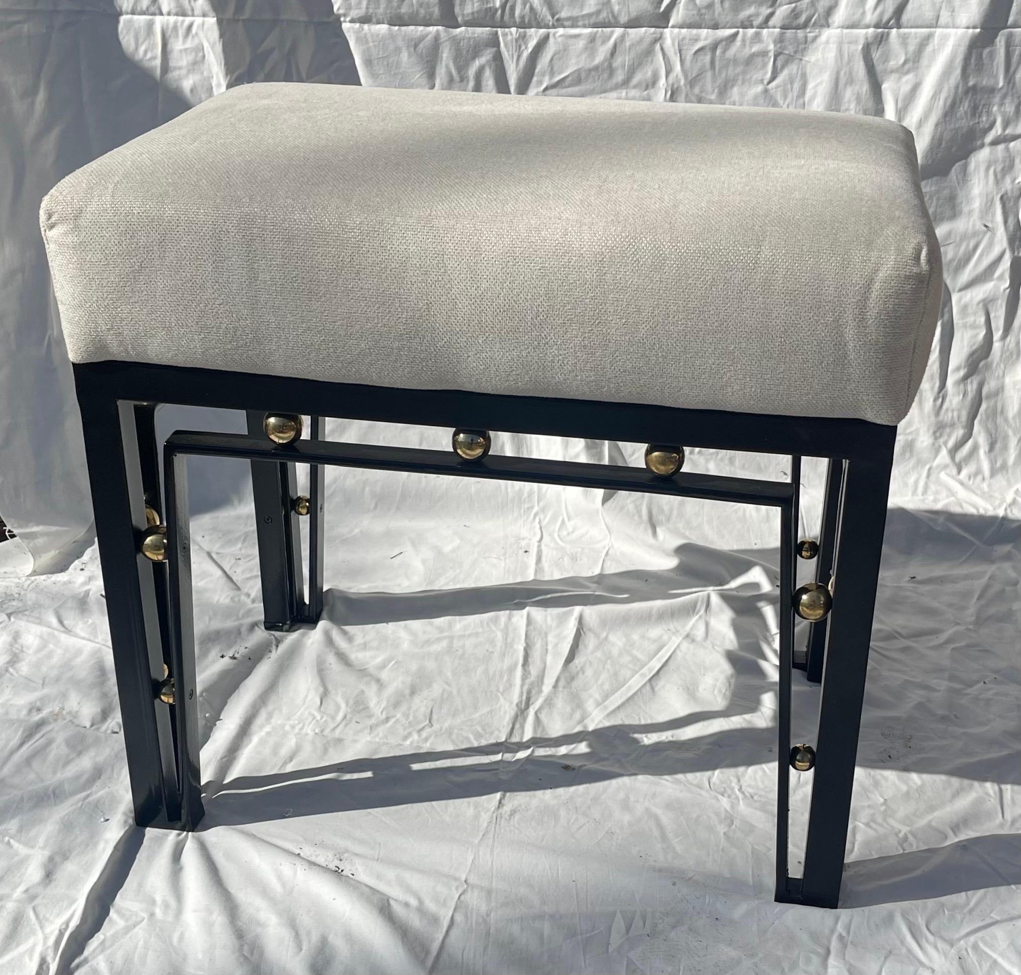 Mid-Century Modern Wonderful Pair Black Enamel Brass Ball Upholstered Benches For Sale