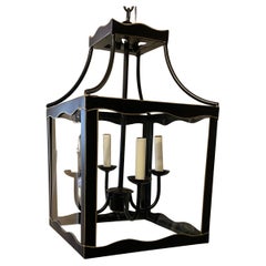 Wonderful Pair Black Gold Trim Tole Pagoda Chinoiserie Lanterns Chandeliers