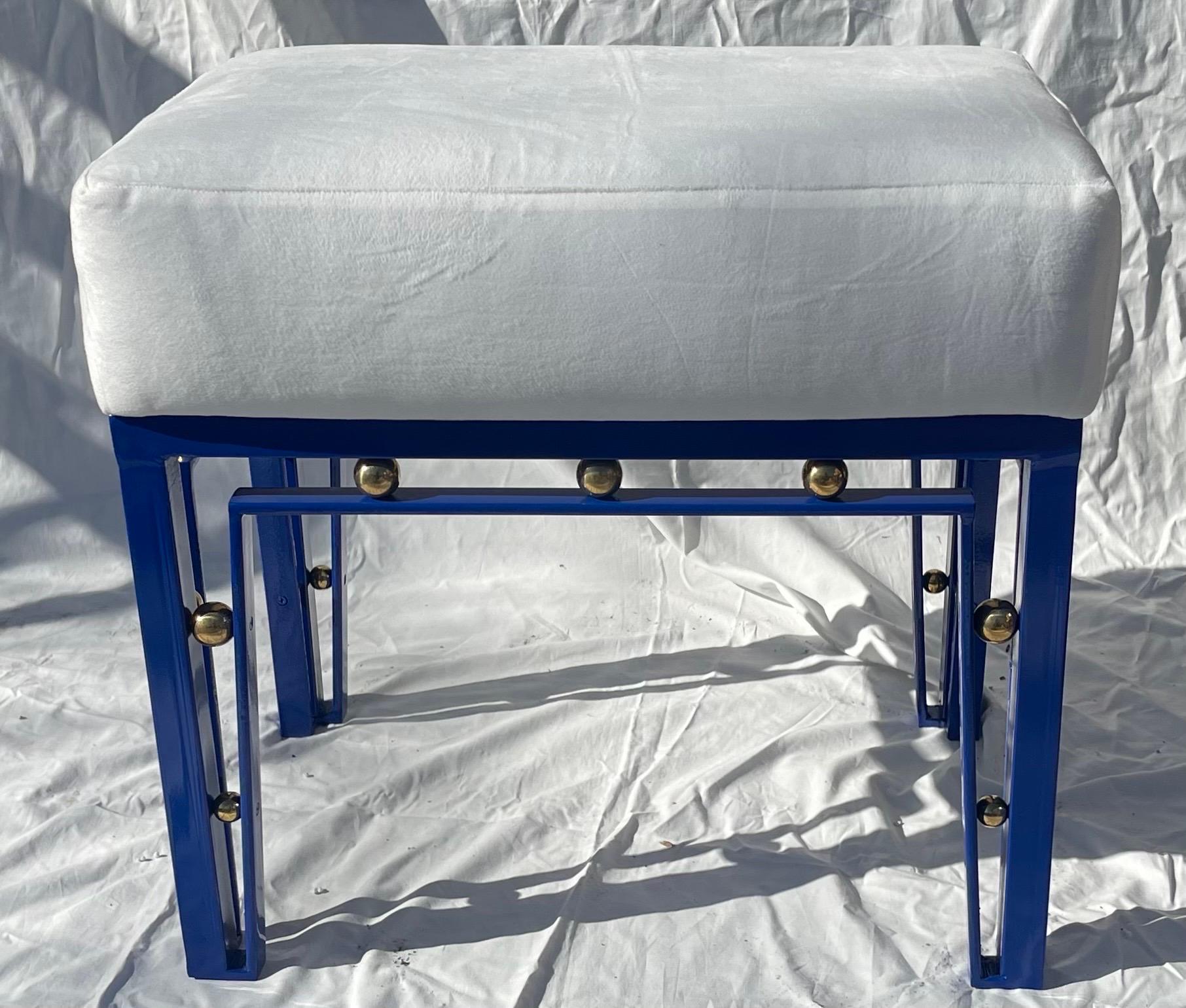 Mid-Century Modern Wonderful Pair Blue Enamel Brass Ball Upholstered Benches Manner Jean Royère For Sale