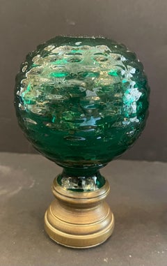 Wonderful Pair Boule d'Escalier Green Glass Brass Banister Newel Post Finial