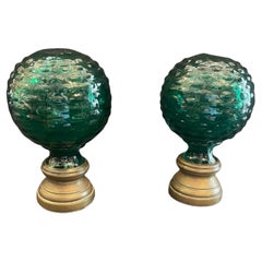 Wonderful Pair Boule d'Escalier Green Glass Brass Banister Newel Post Finial